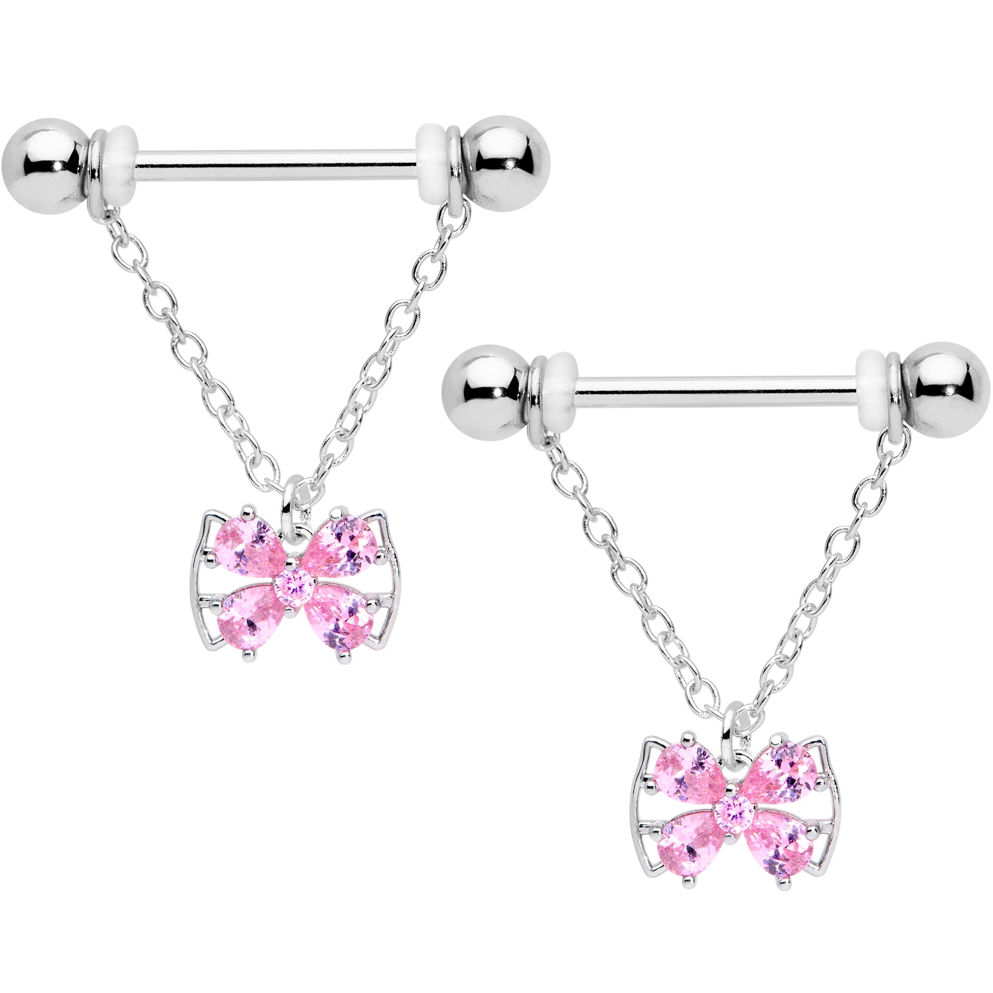 14G 11/16 Pink CZ Gem Beauty Bow Chain Dangle Nipple Ring Set