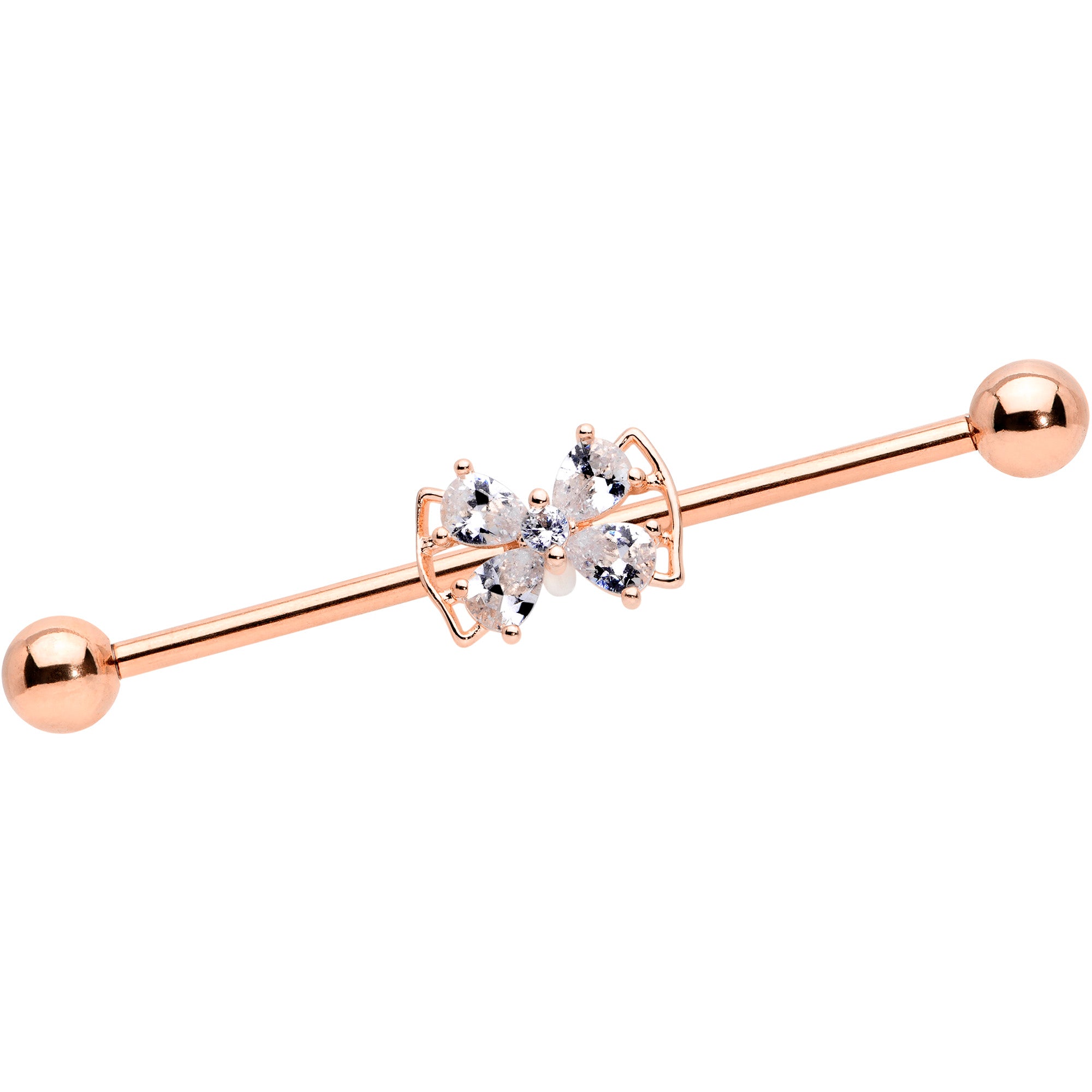 14G Clear CZ Gem Rose Gold Hue Beauty Bow Industrial Barbell 38mm