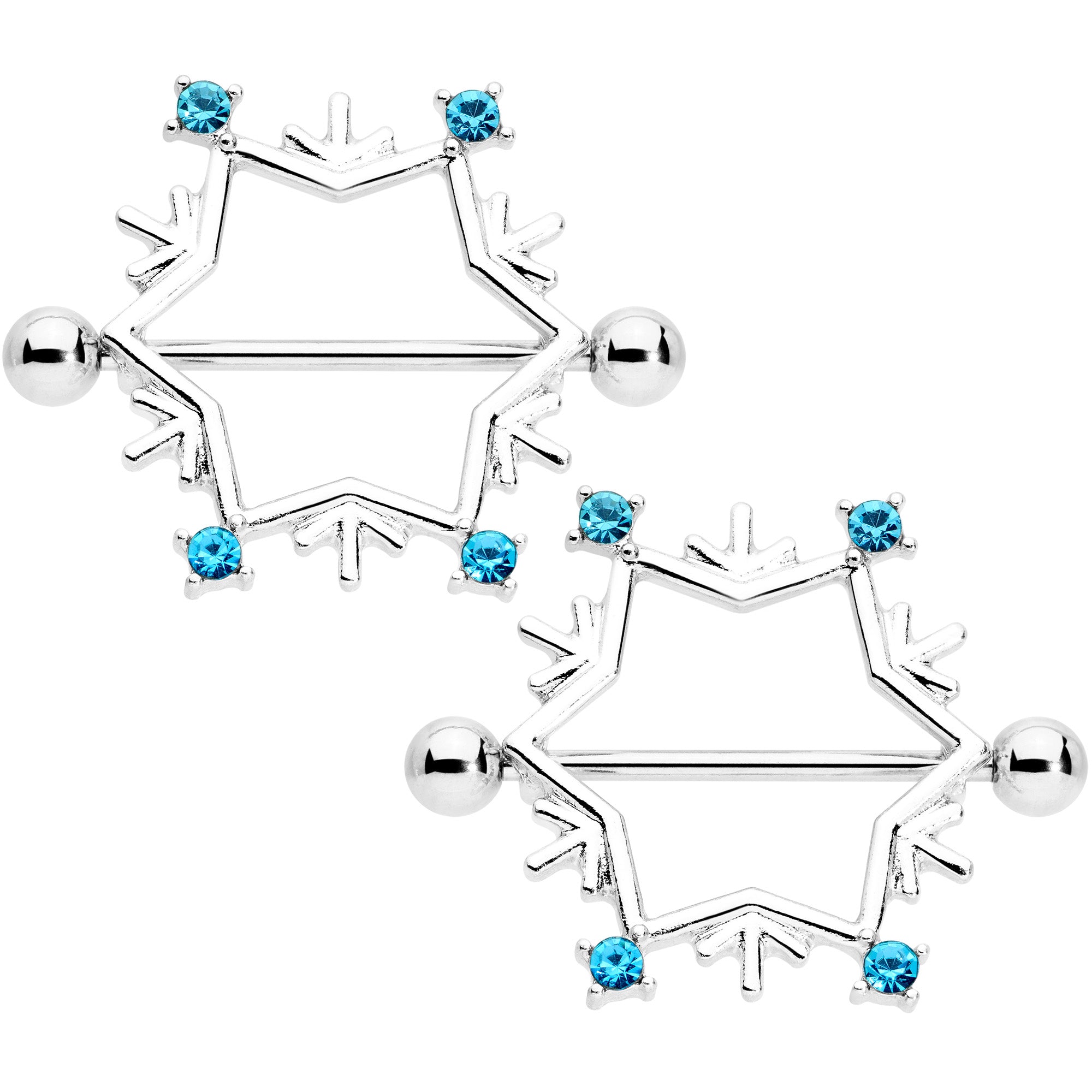 14G 3/4 Aqua Gem Snowflake Christmas Nipple Shield Set
