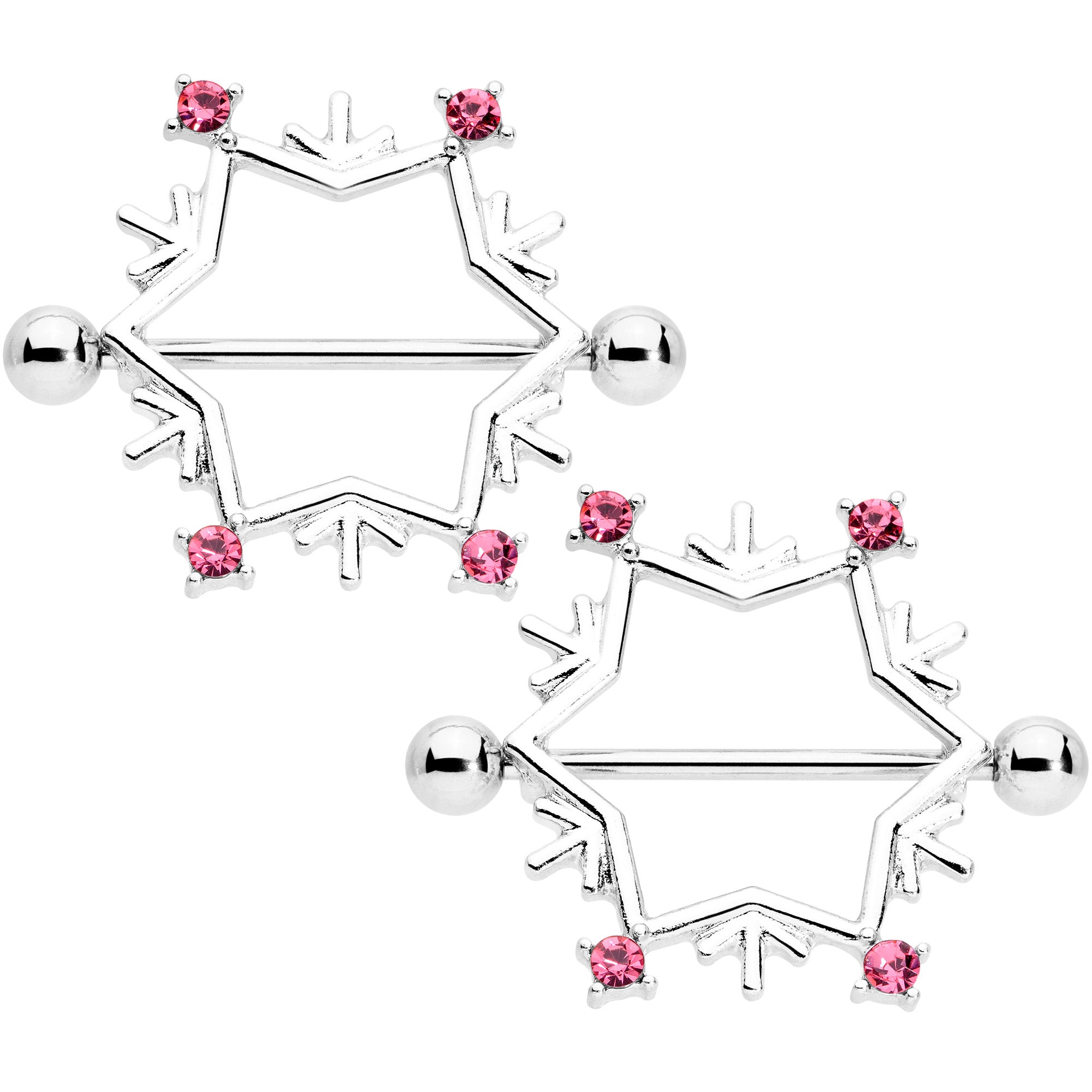 14G 3/4 Pink Gem Snowflake Christmas Nipple Shield Set