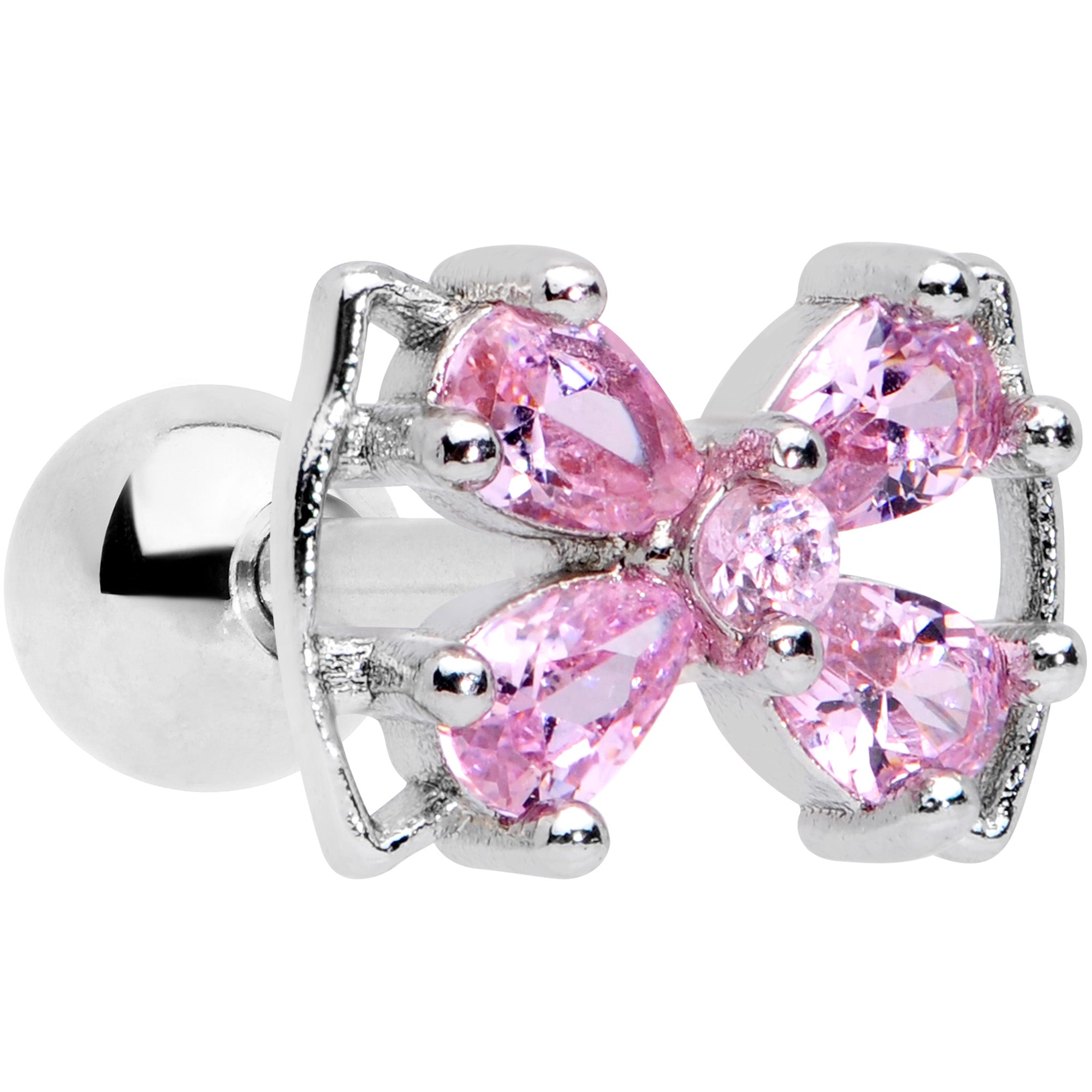 16G 1/4 Pink CZ Gem Beauty Bow Cartilage Tragus Earring