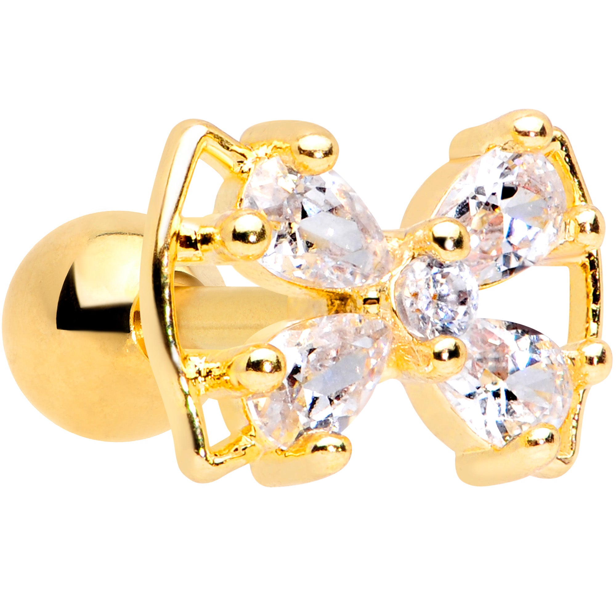 16G 1/4 Clear CZ Gem Gold Tone Beauty Bow Cartilage Tragus