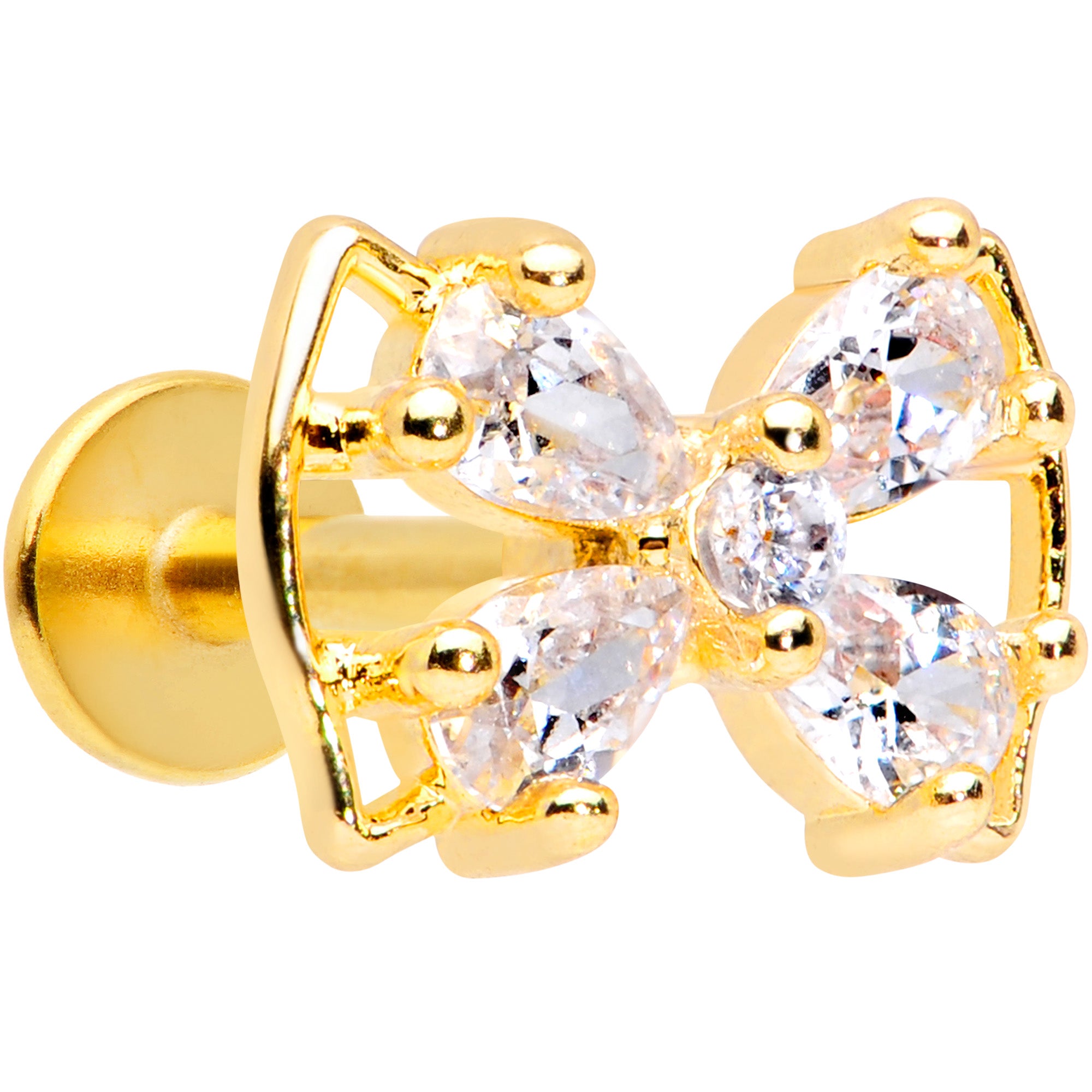 16G 5/16 Clear CZ Gem Gold Tone Beauty Bow Labret Monroe Tragus