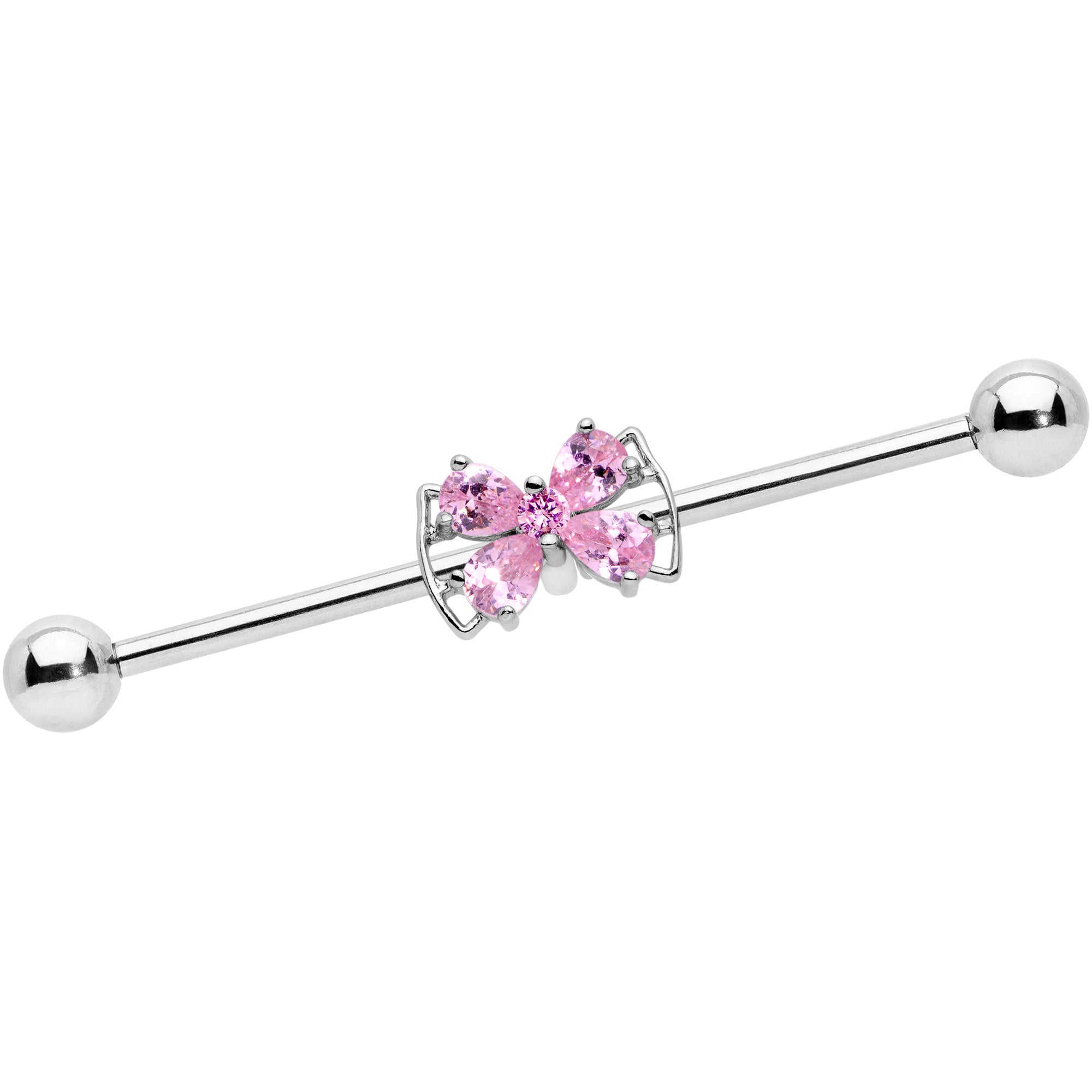 14G Pink CZ Gem Beauty Bow Industrial Barbell 38mm