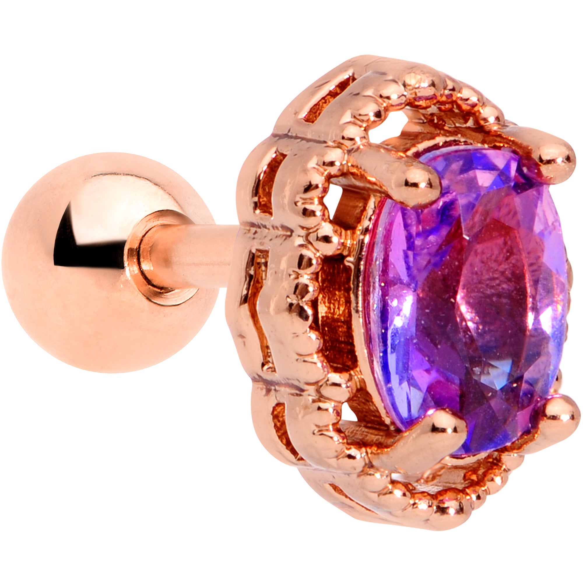16G 1/4 Purple Tourmaline Rose Gold Tone Cartilage Tragus Earring