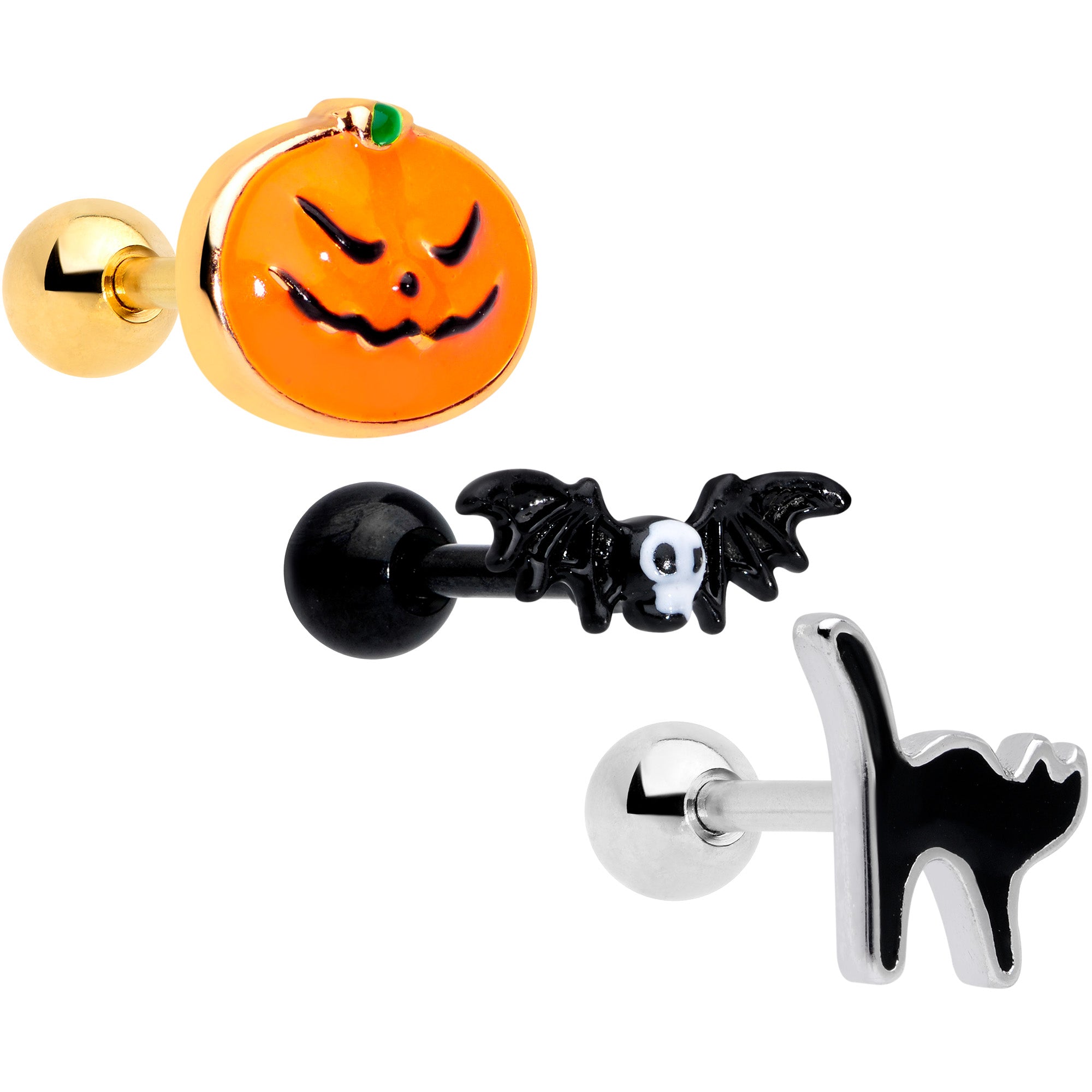 16G 1/4 Gold Tone Black Cat Halloween Cartilage Tragus Set of 3