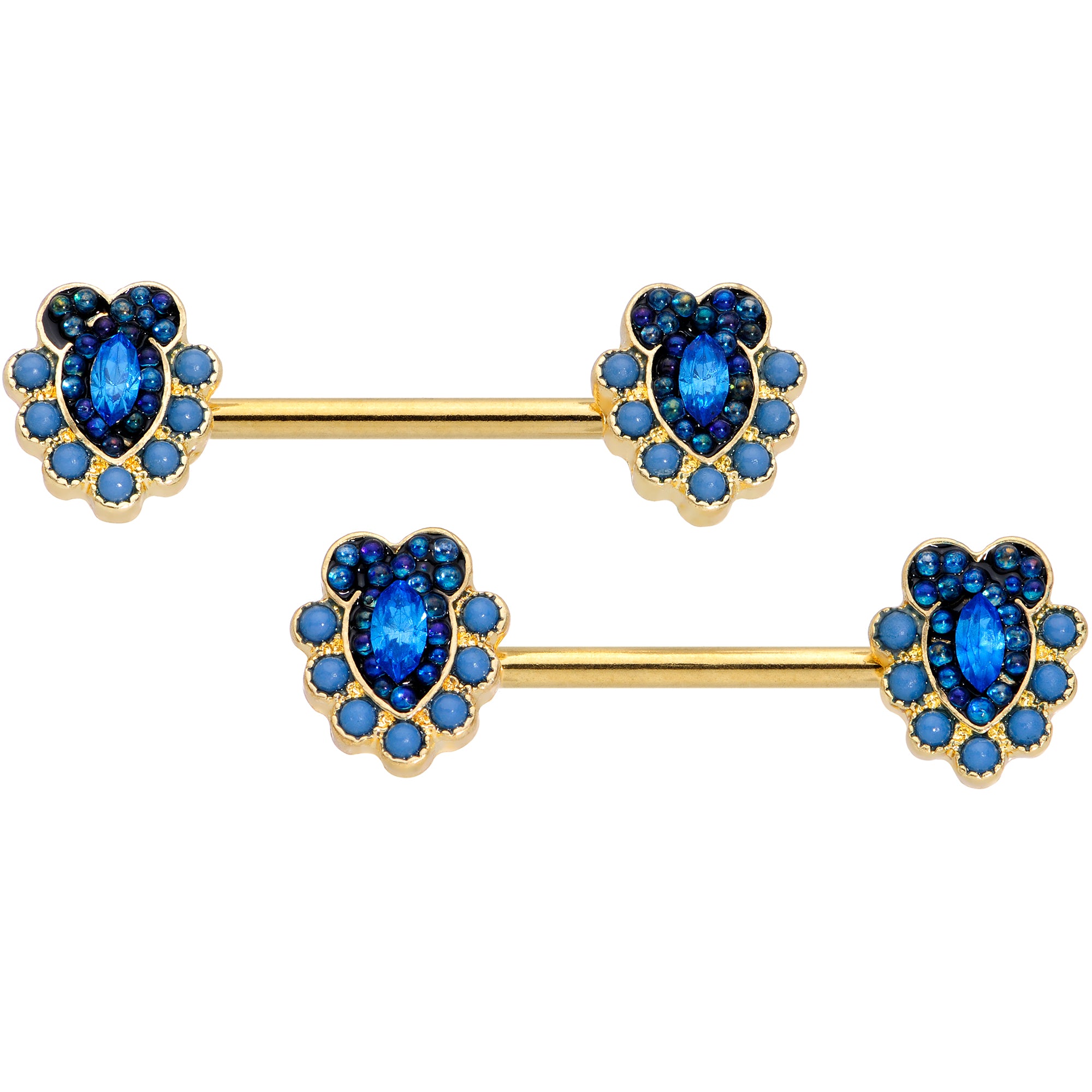 14G 9/16 Blue Gem Gold Tone Opulent Oval Barbell Nipple Ring Set