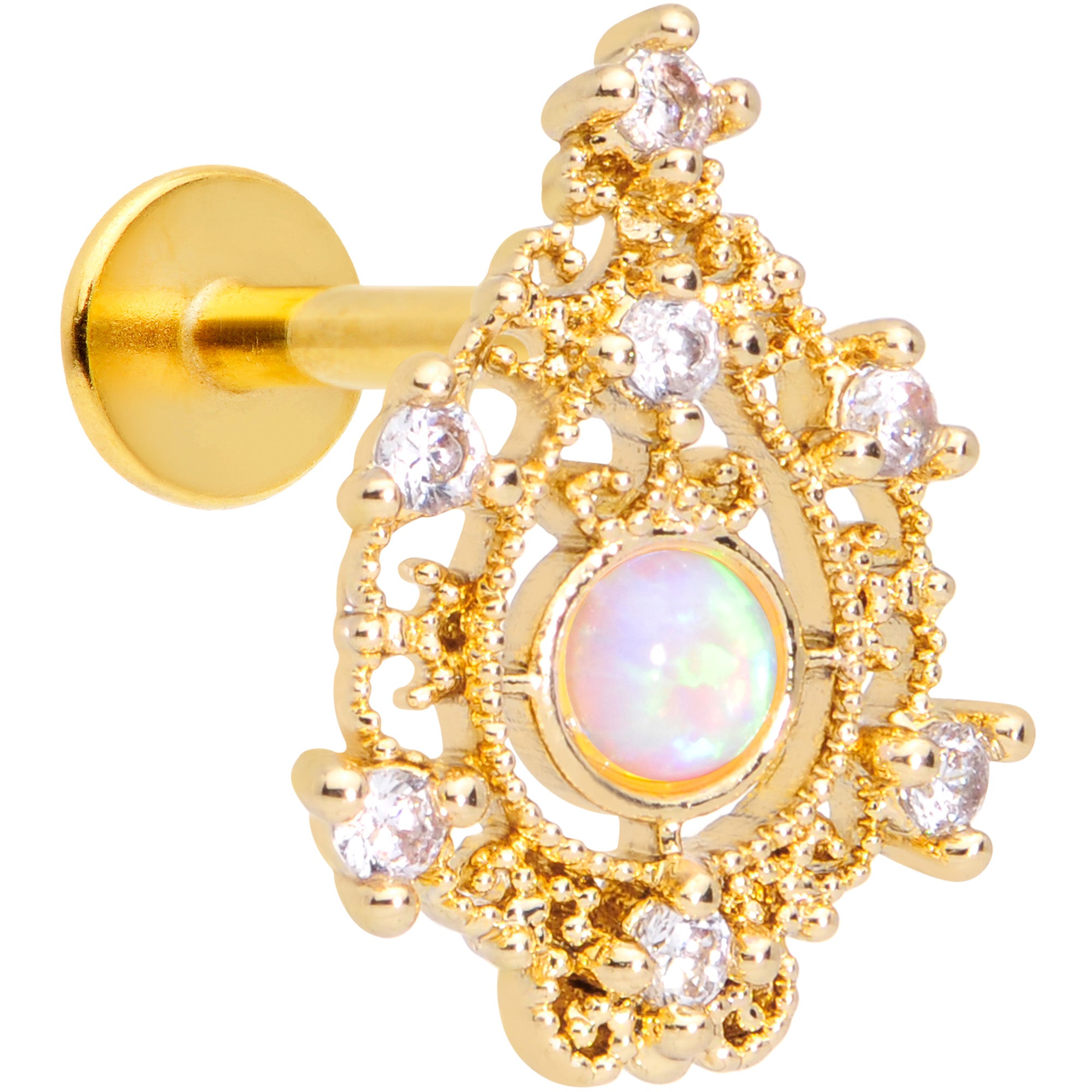 16G 5/16 White Synthetic Opal Gold Tone Labret Monroe Tragus