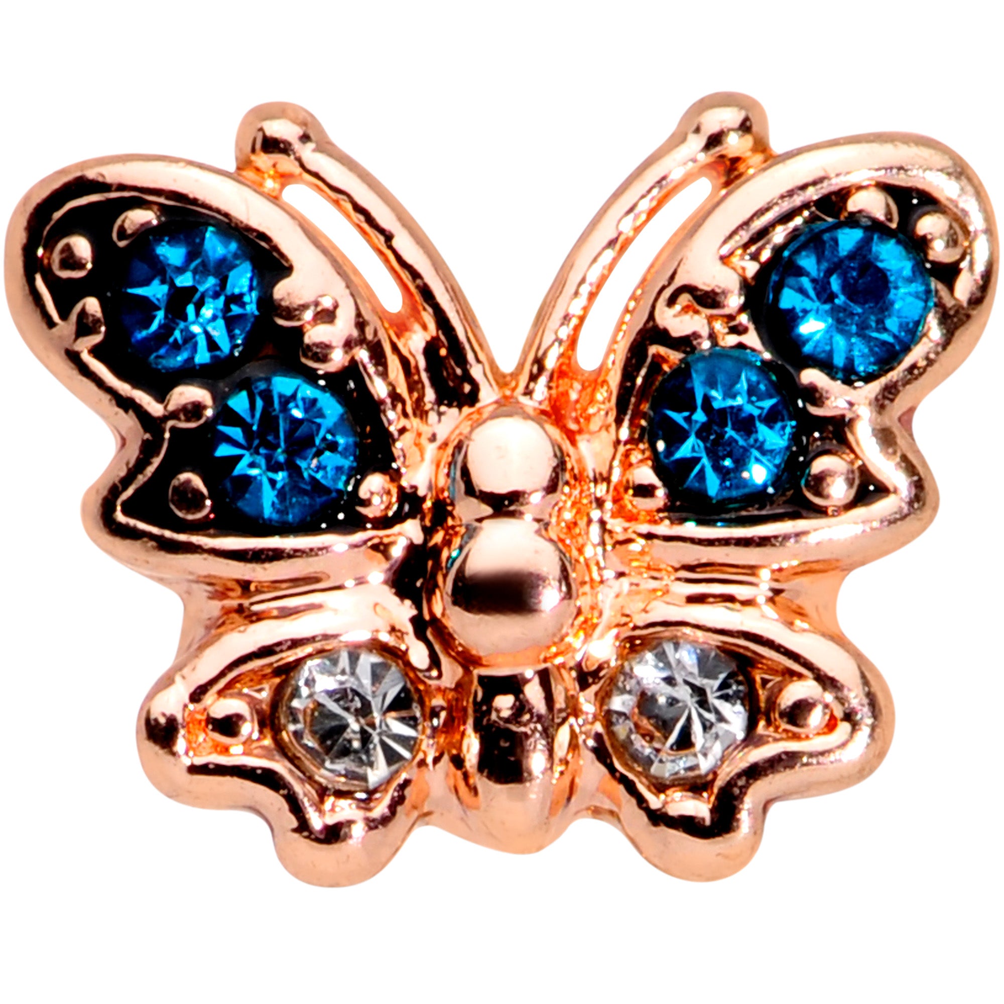 20G 5/16 Clear Blue Gem Rose Gold Tone Glam Butterfly Nose Hoop