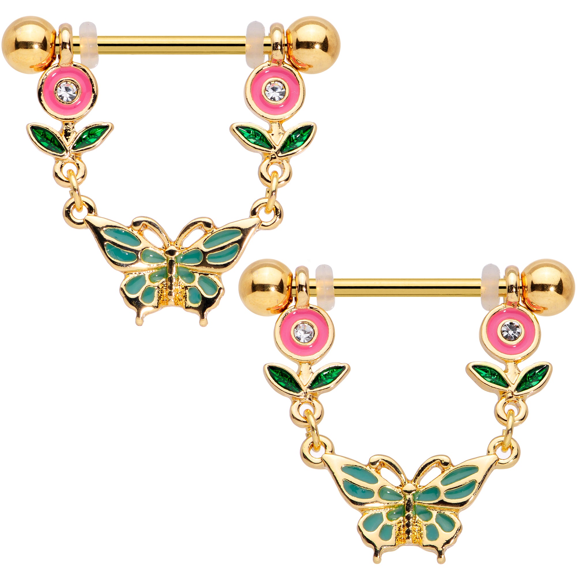 14G 9/16 Clear Gem Gold Tone Butterfly Flower Nipple Ring Set