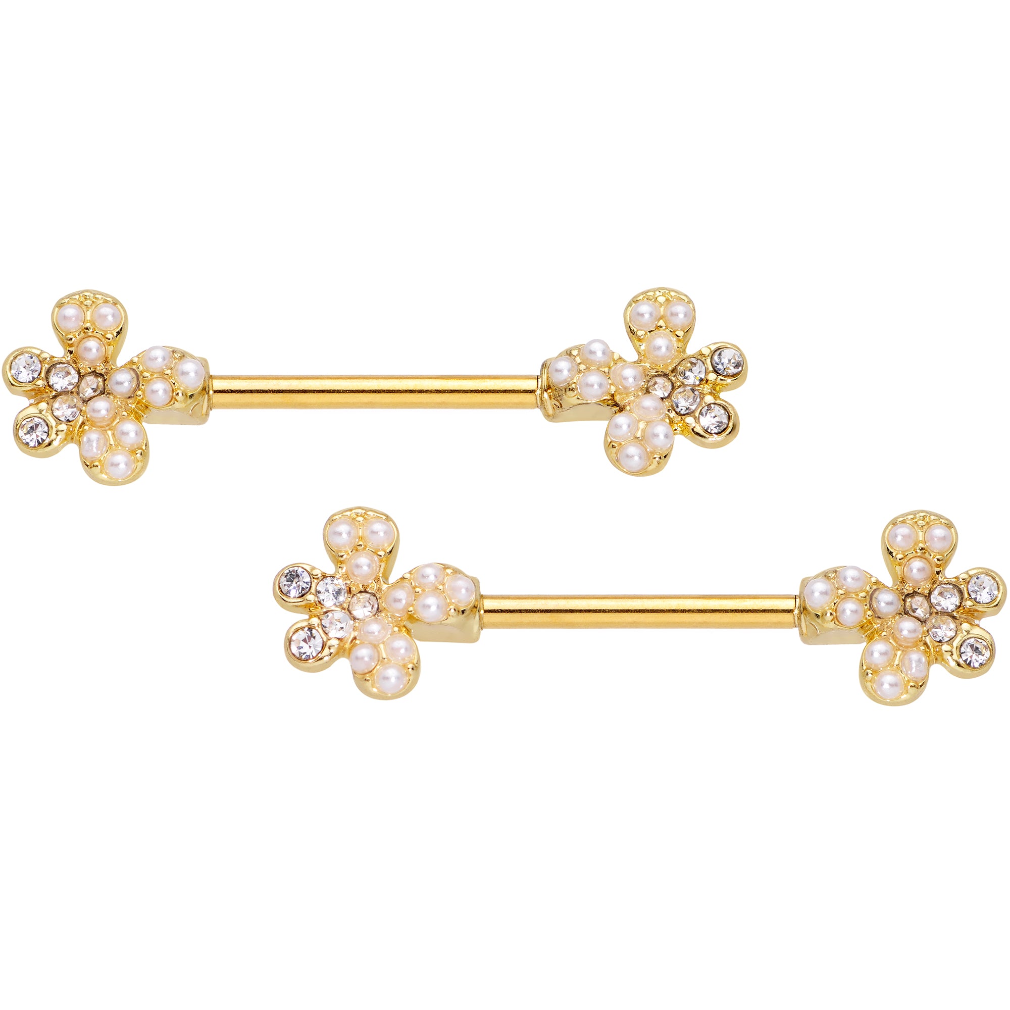 14G 9/16 Clear Gem Gold Tone Style Splat Barbell Nipple Ring Set