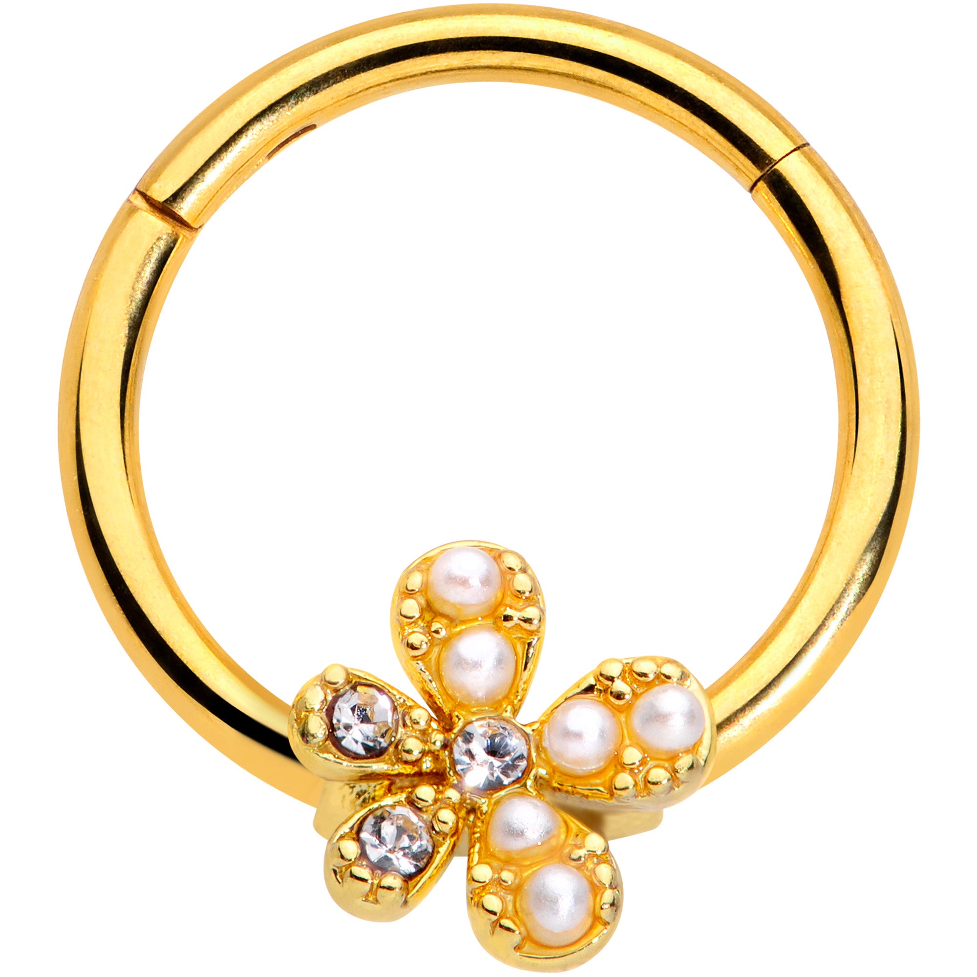 16G 3/8 Clear Gem Gold Tone Stylish Splat Hinged Segment Ring