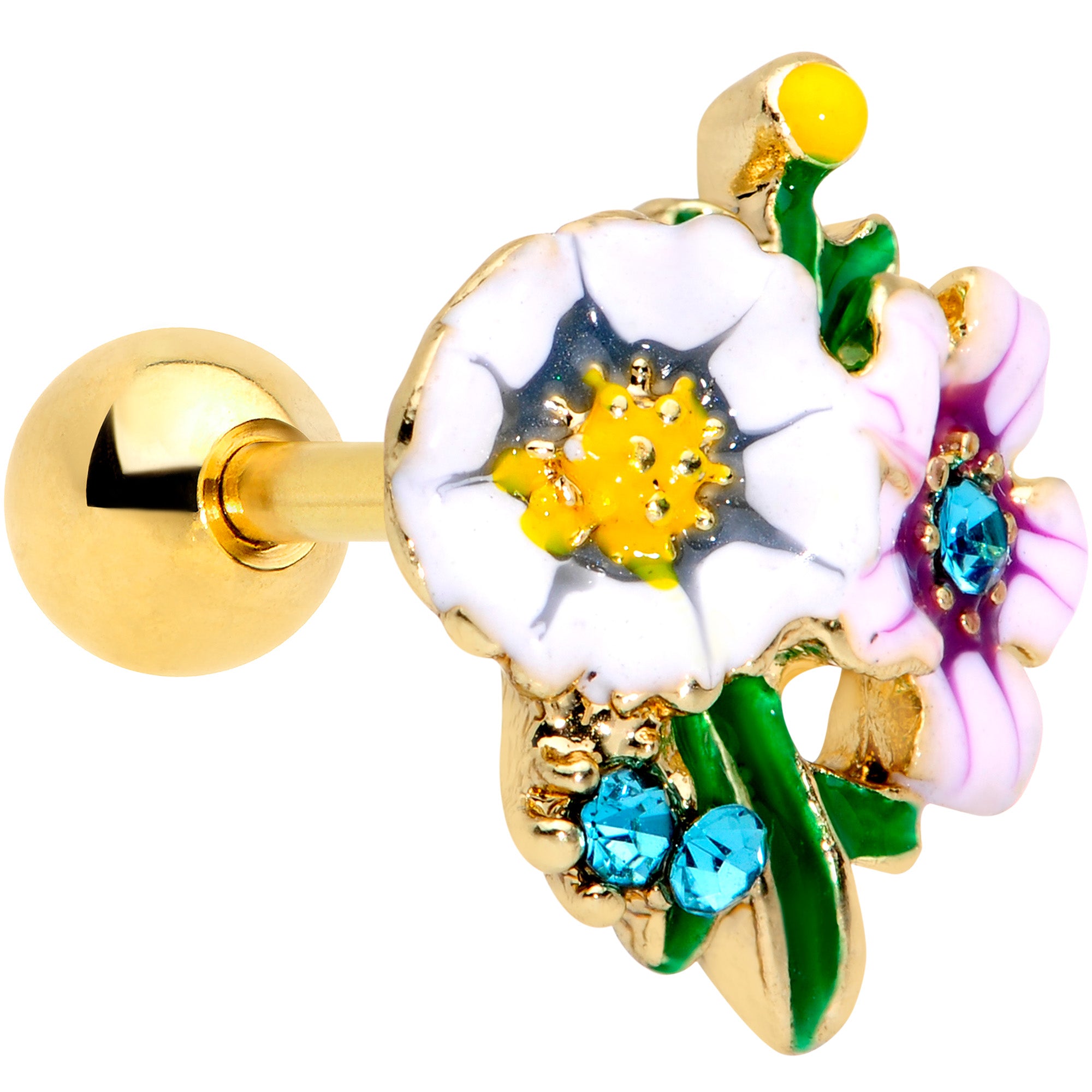 16G 1/4 Aqua Gem Gold Hue Bouquet Flower Cartilage Tragus Earring