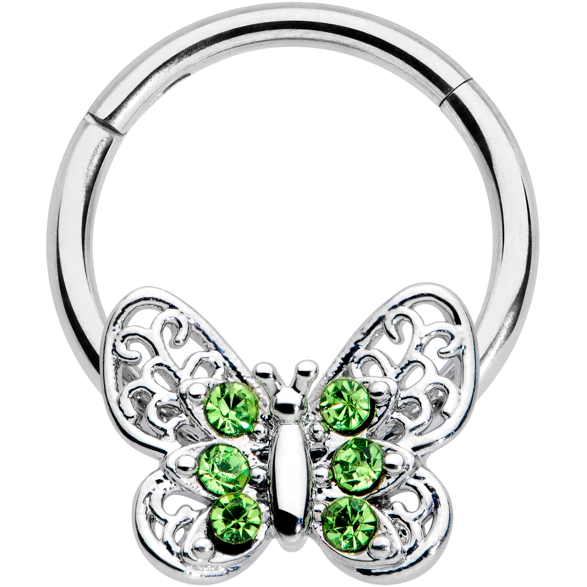16G 3/8 Green Gem Lacy Butterfly Hinged Segment Ring