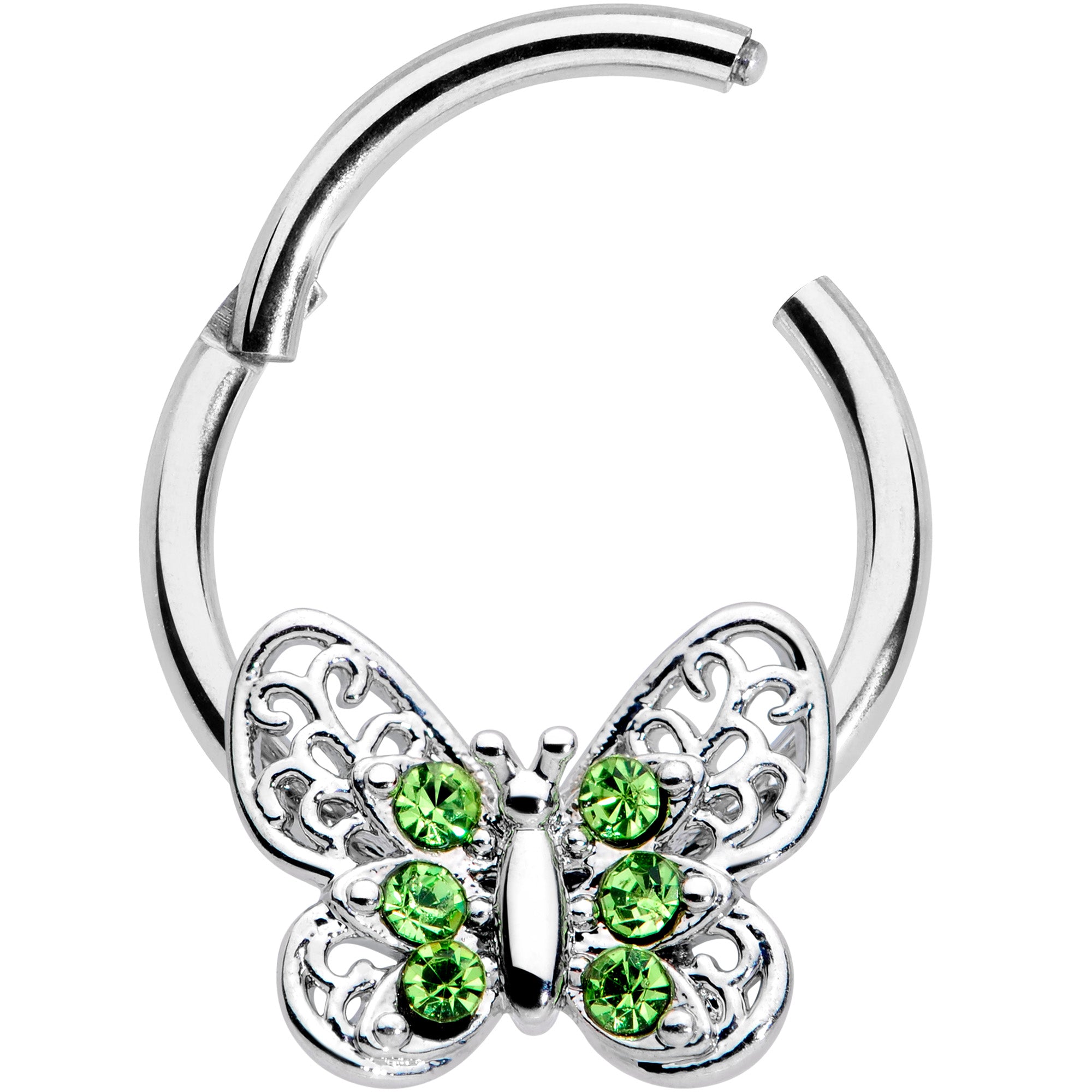 16G 3/8 Green Gem Lacy Butterfly Hinged Segment Ring