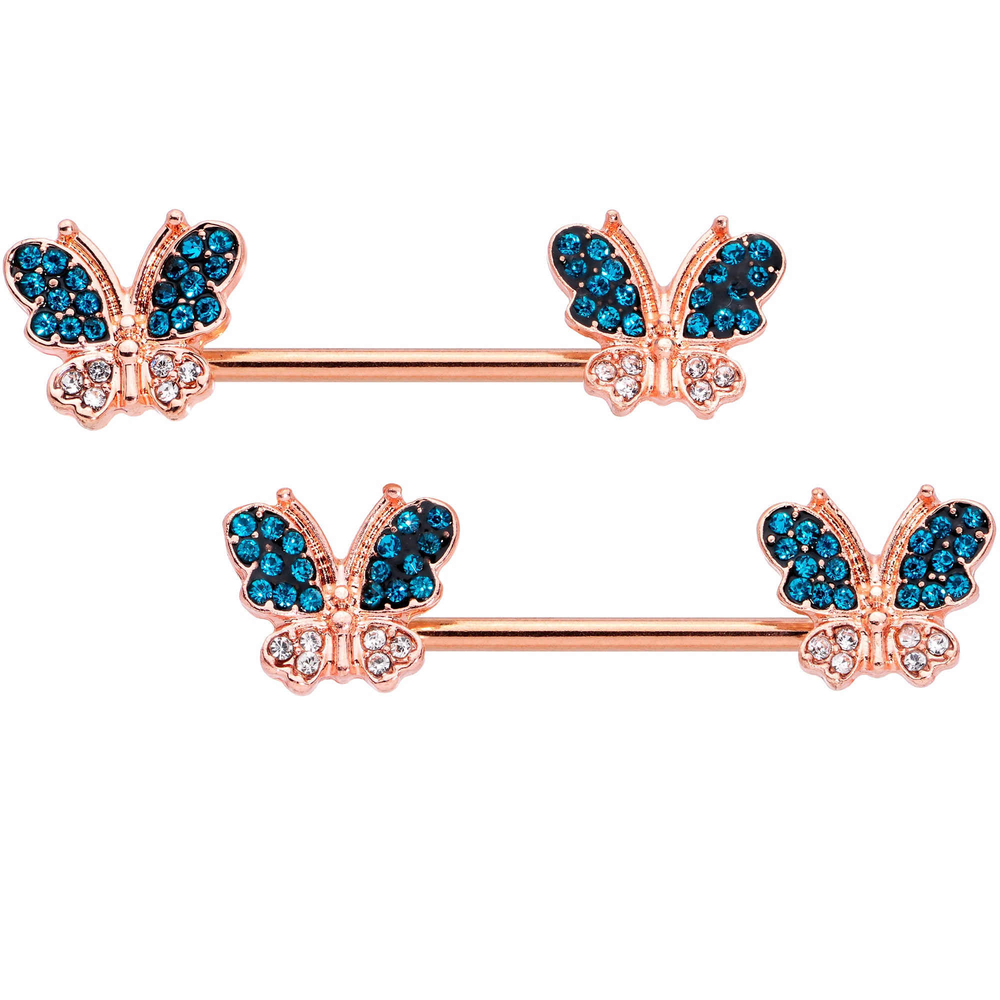 14G 9/16 Clear Aqua Gem Rose Gold Tone Butterfly Nipple Ring Set