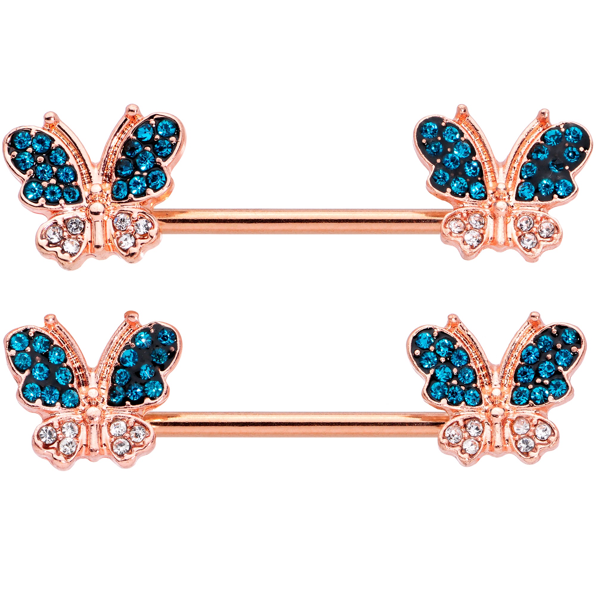 14G 9/16 Clear Aqua Gem Rose Gold Tone Butterfly Nipple Ring Set