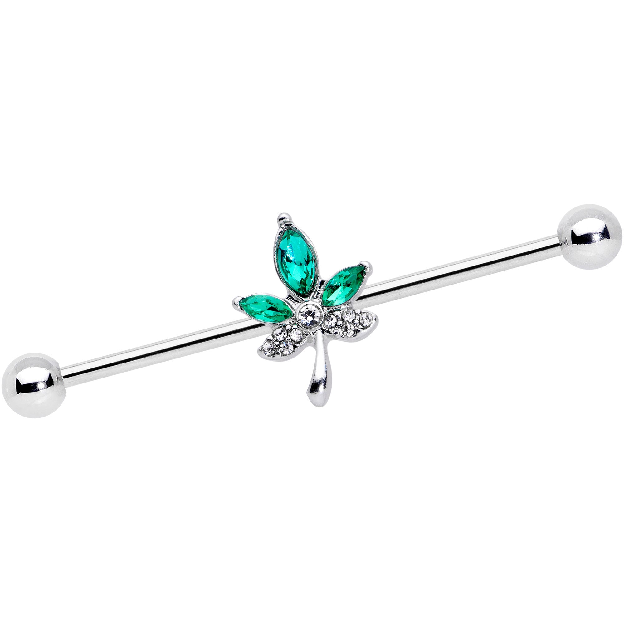 14G Clear Green Gem Pot Leaf Industrial Barbell 38mm