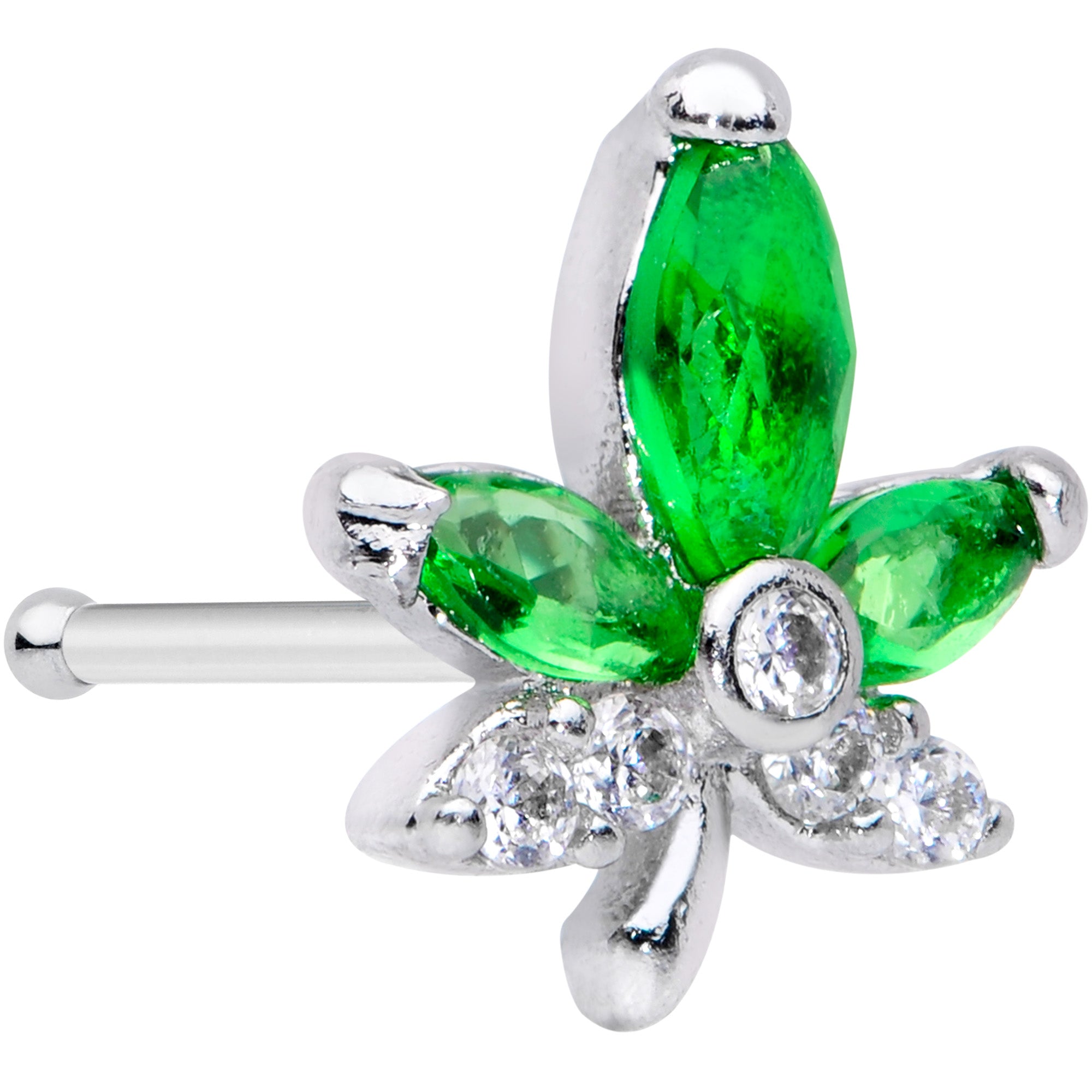 20G 1/4 Clear Green Gem Pot Leaf Nose Bone