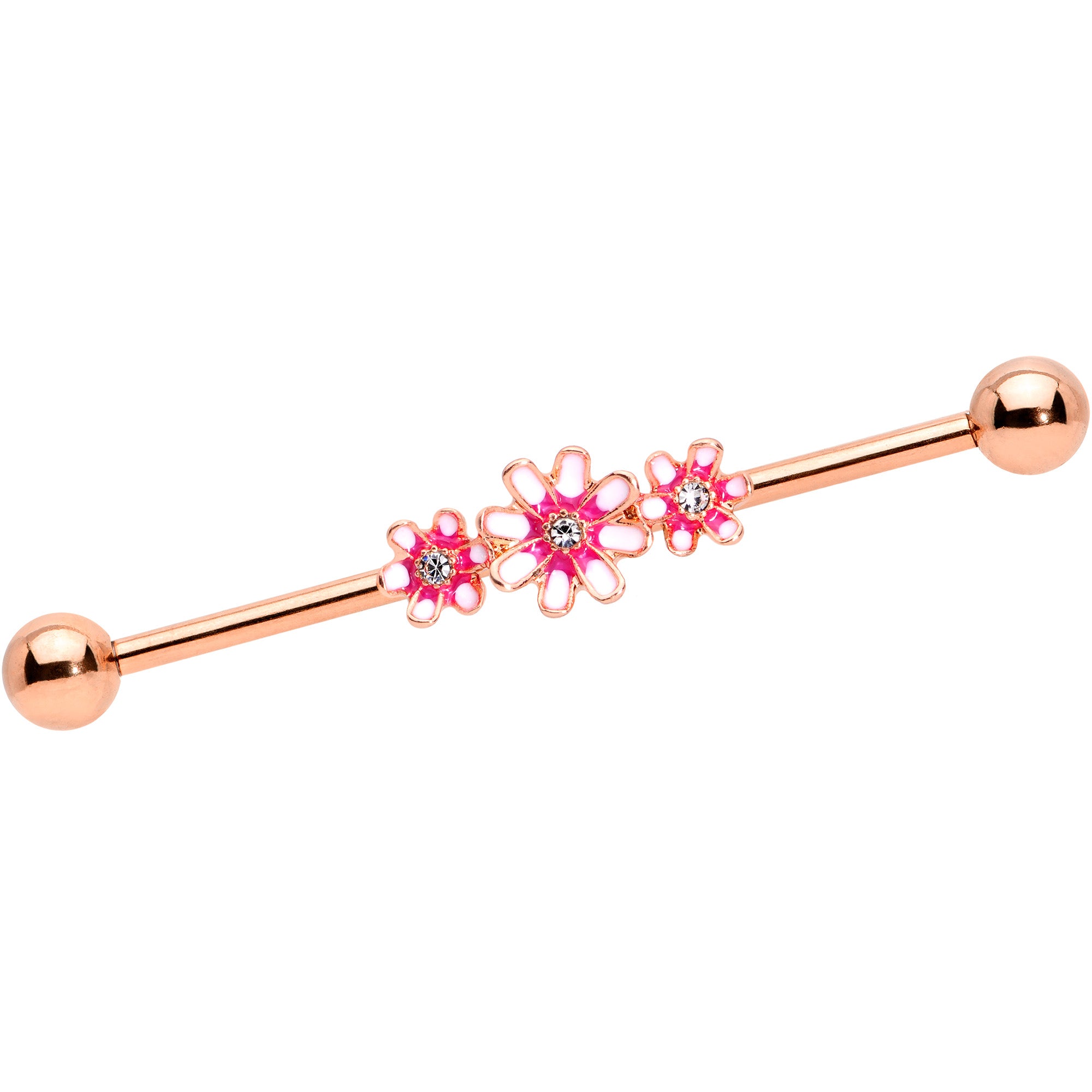 14G Clear Gem Rose Gold Tone Pink Flowers Industrial Barbell 38mm