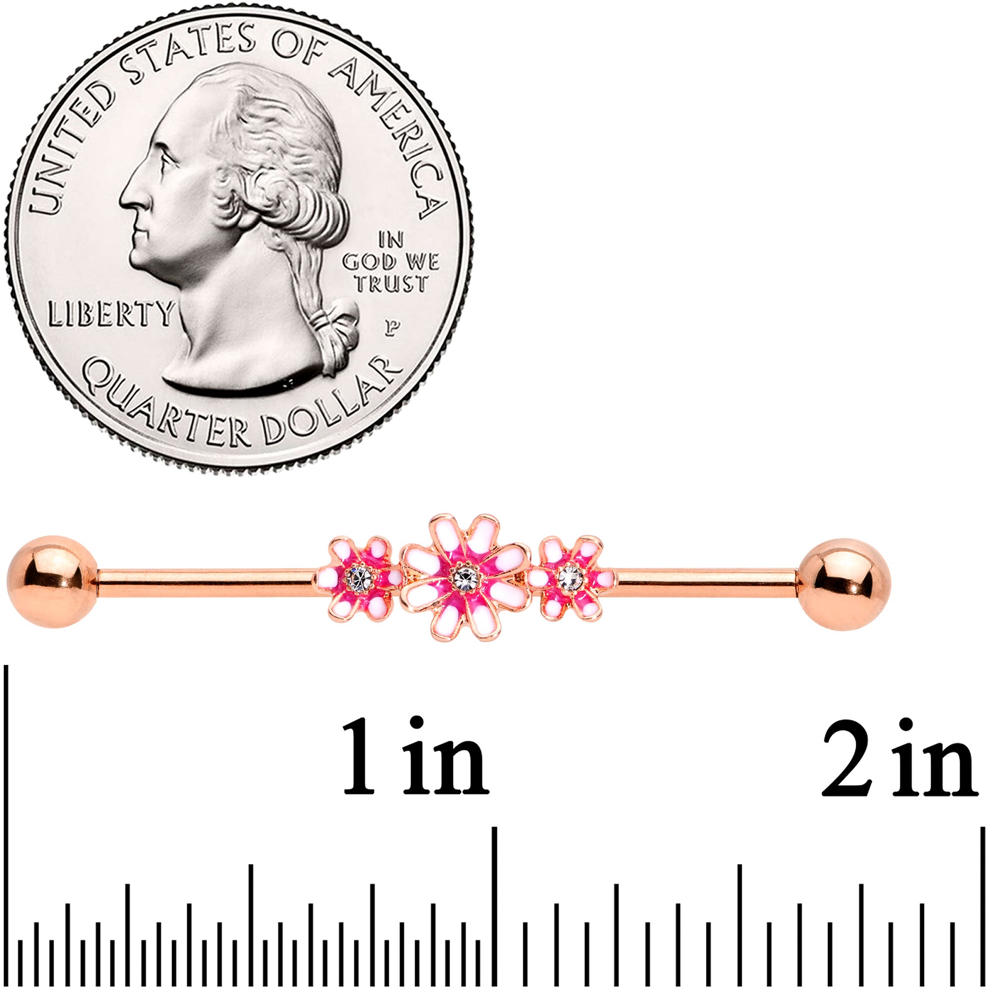 14G Clear Gem Rose Gold Tone Pink Flowers Industrial Barbell 38mm