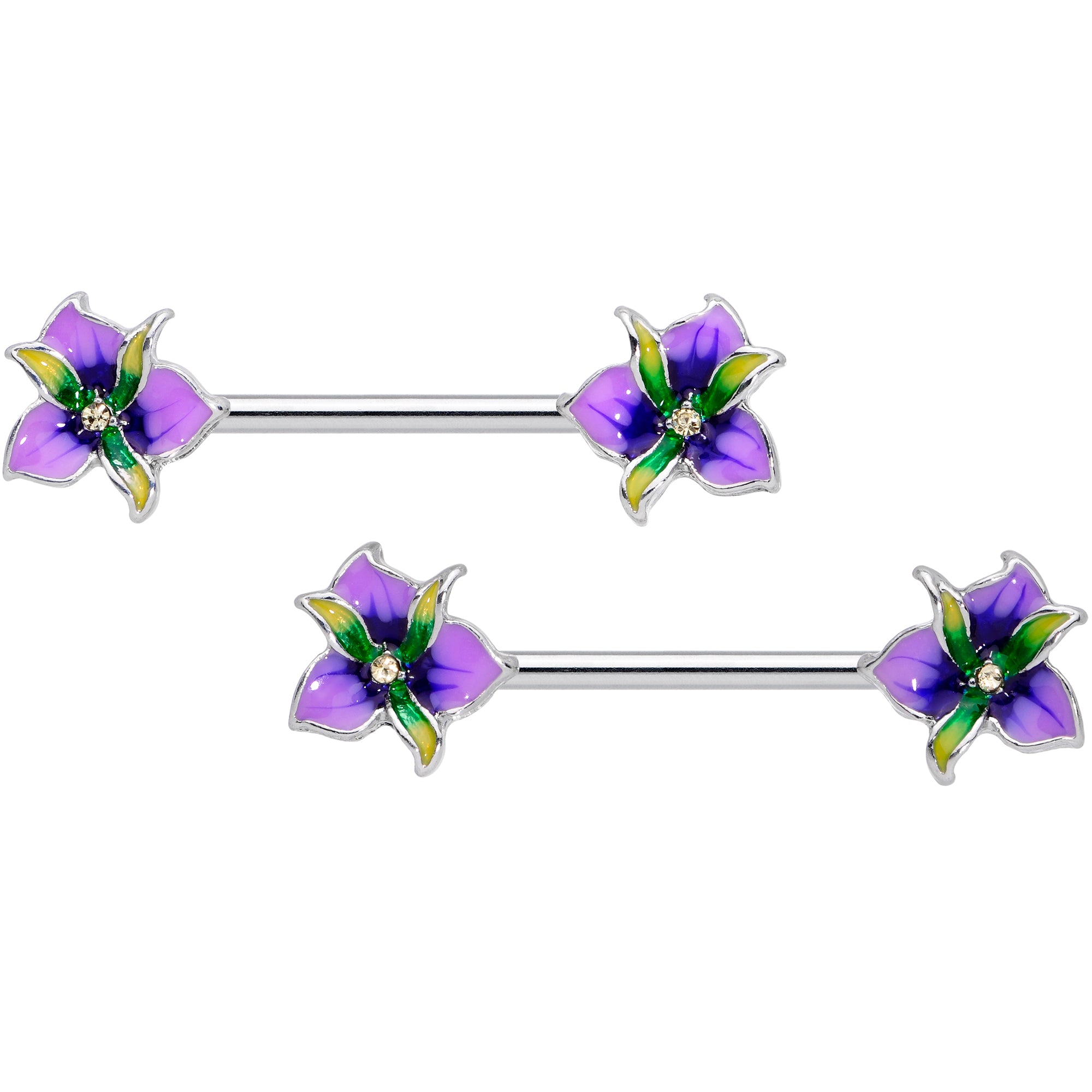 14G 9/16 Clear Gem Purple Iris Flower Barbell Nipple Ring Set