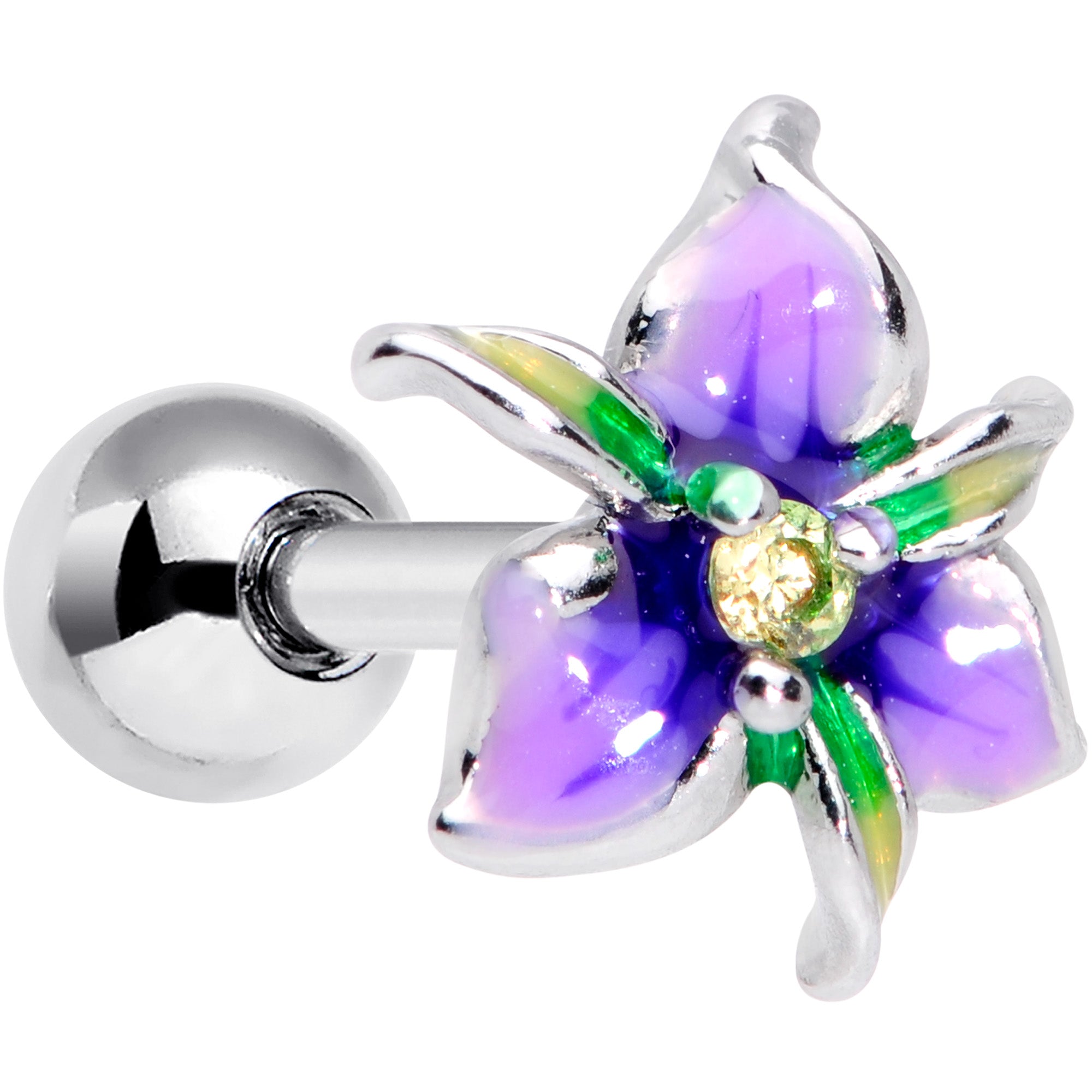 16G 1/4 Clear Gem Exotic Purple Flower Cartilage Tragus Earring