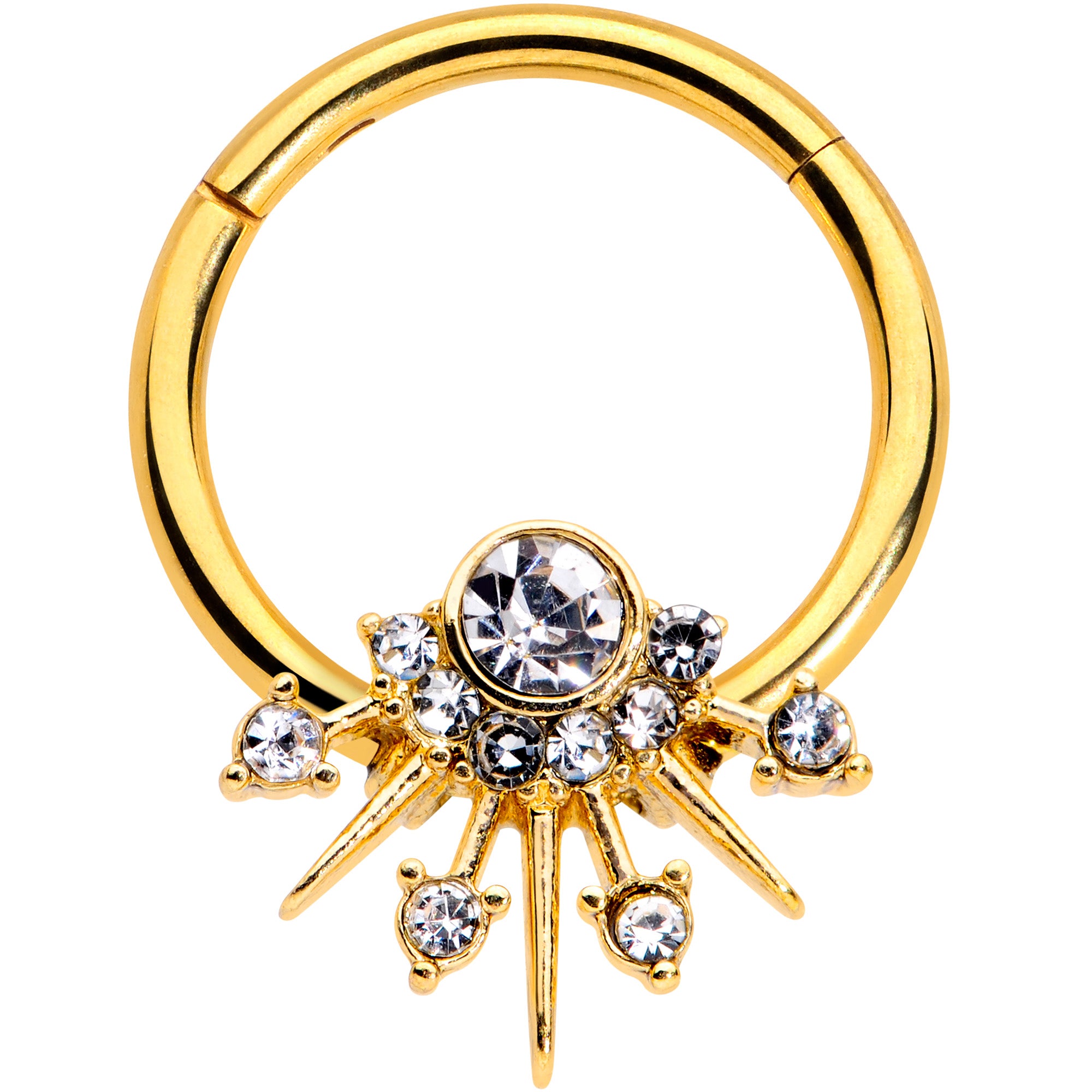 16G 3/8 Clear CZ Gem Gold Tone Elegant Crest Hinged Segment Ring