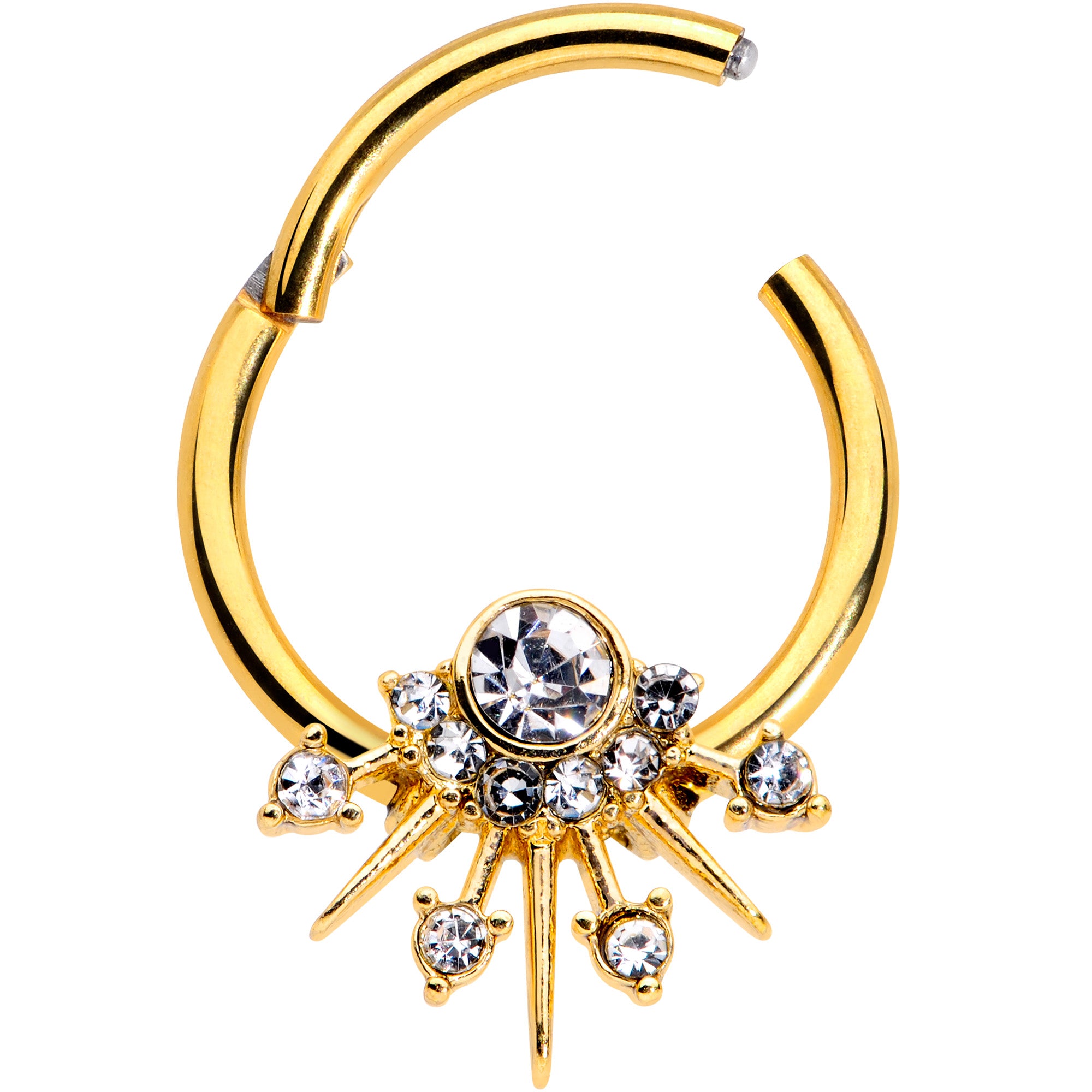 16G 3/8 Clear CZ Gem Gold Tone Elegant Crest Hinged Segment Ring