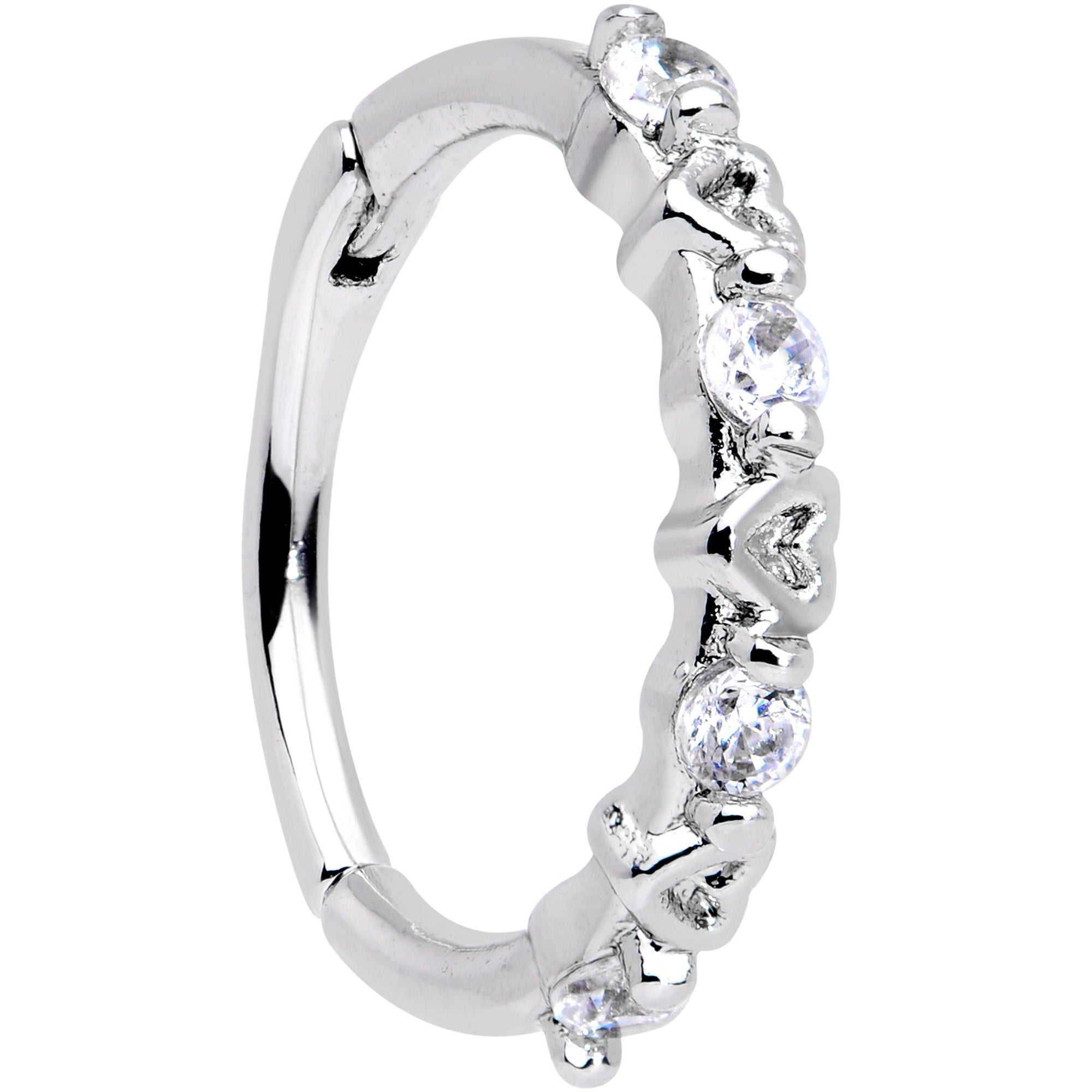 16G 3/8 Clear CZ Gem Little Hearts Valentine Hinged Segment Ring
