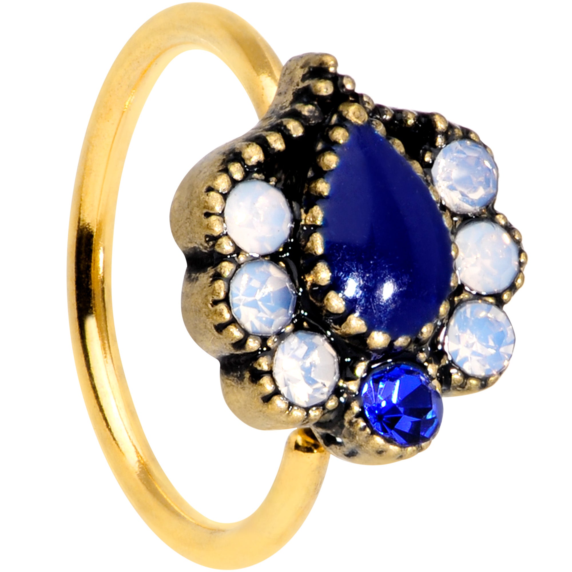 20G 5/16 Clear Blue Gem Gold Tone Heirloom Teardrop Nose Hoop