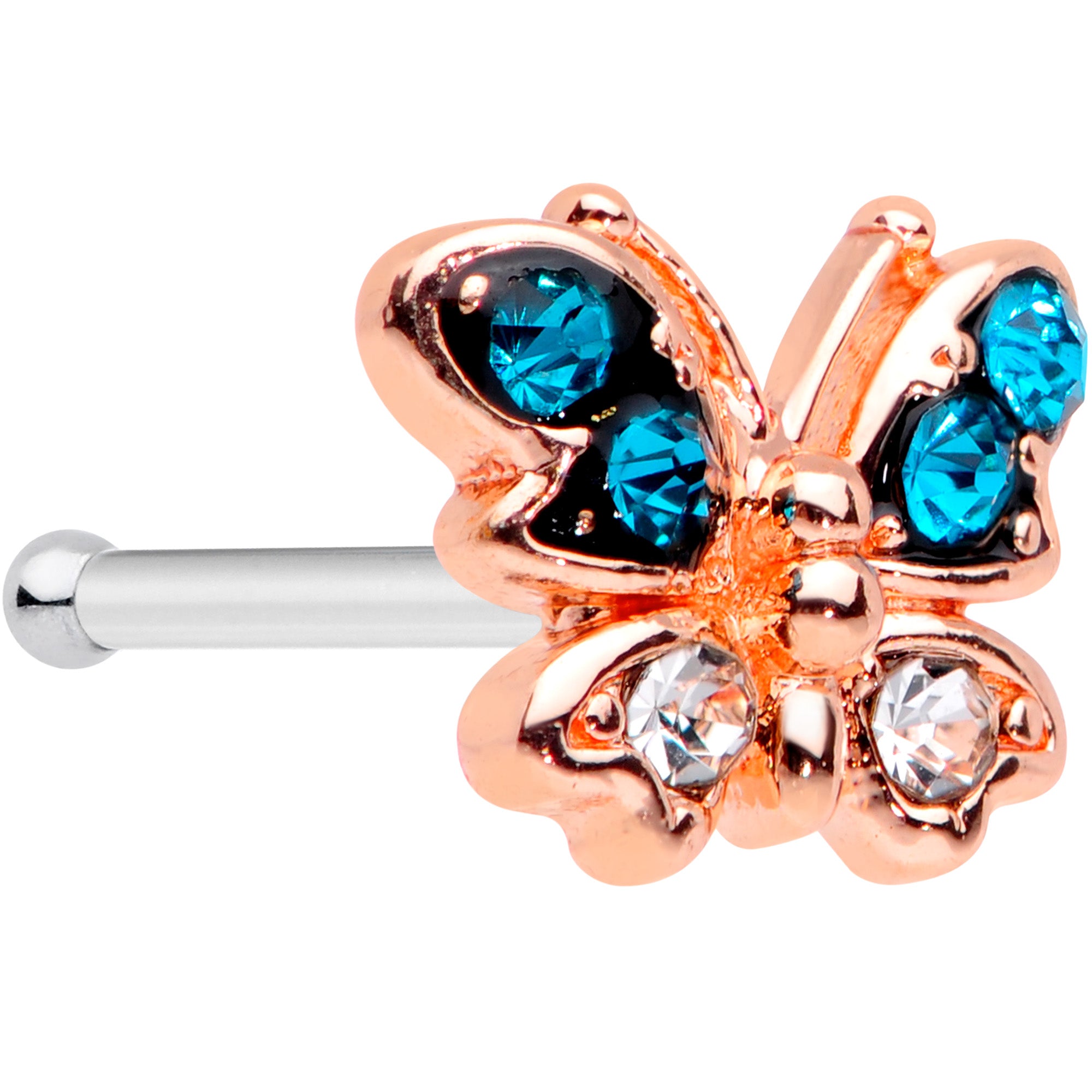 20G 1/4 Clear Aqua Gem Rose Gold Tone Glam Butterfly Nose Bone