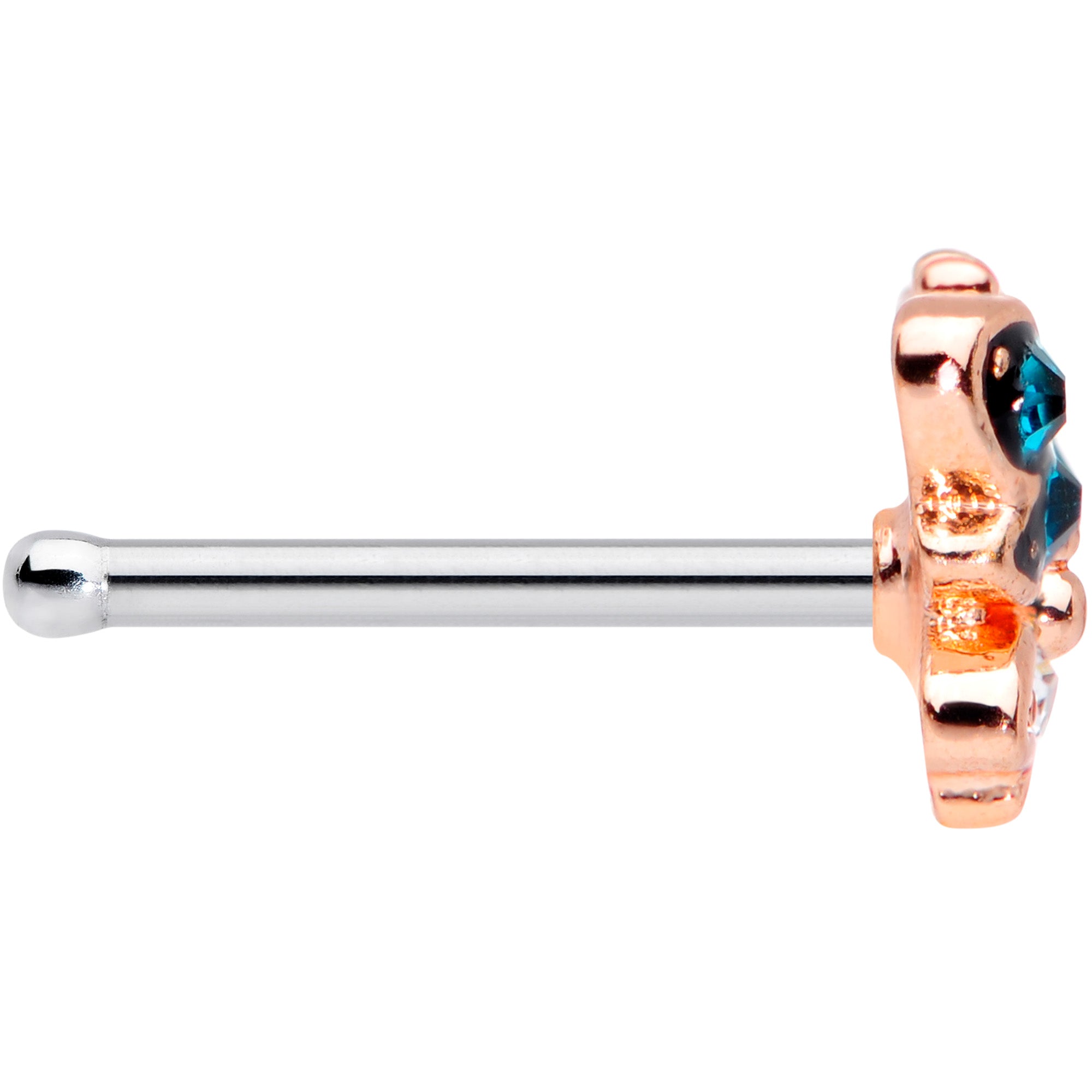 20G 1/4 Clear Aqua Gem Rose Gold Tone Glam Butterfly Nose Bone