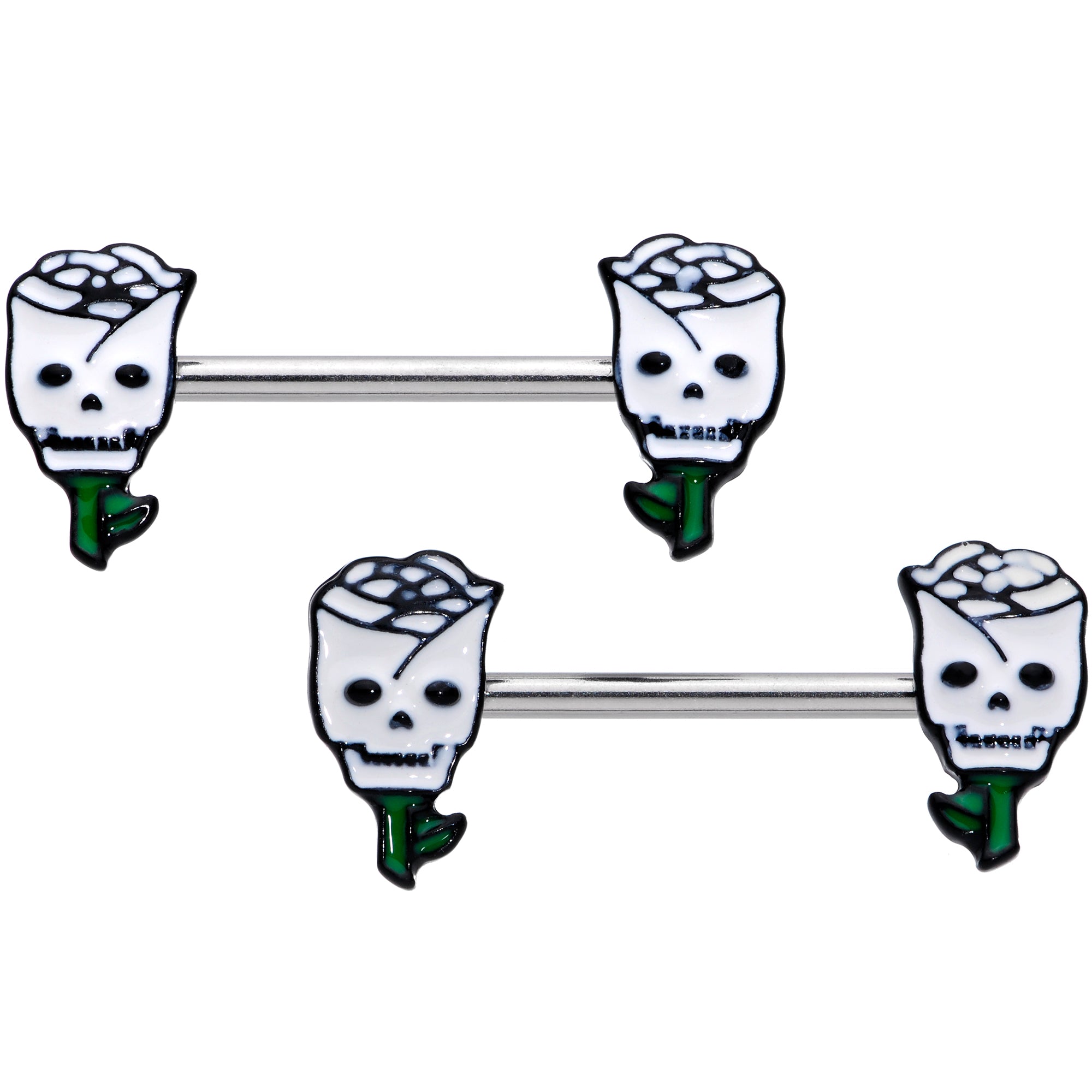 14G 9/16 Skull White Roses Valentine Barbell Nipple Ring Set