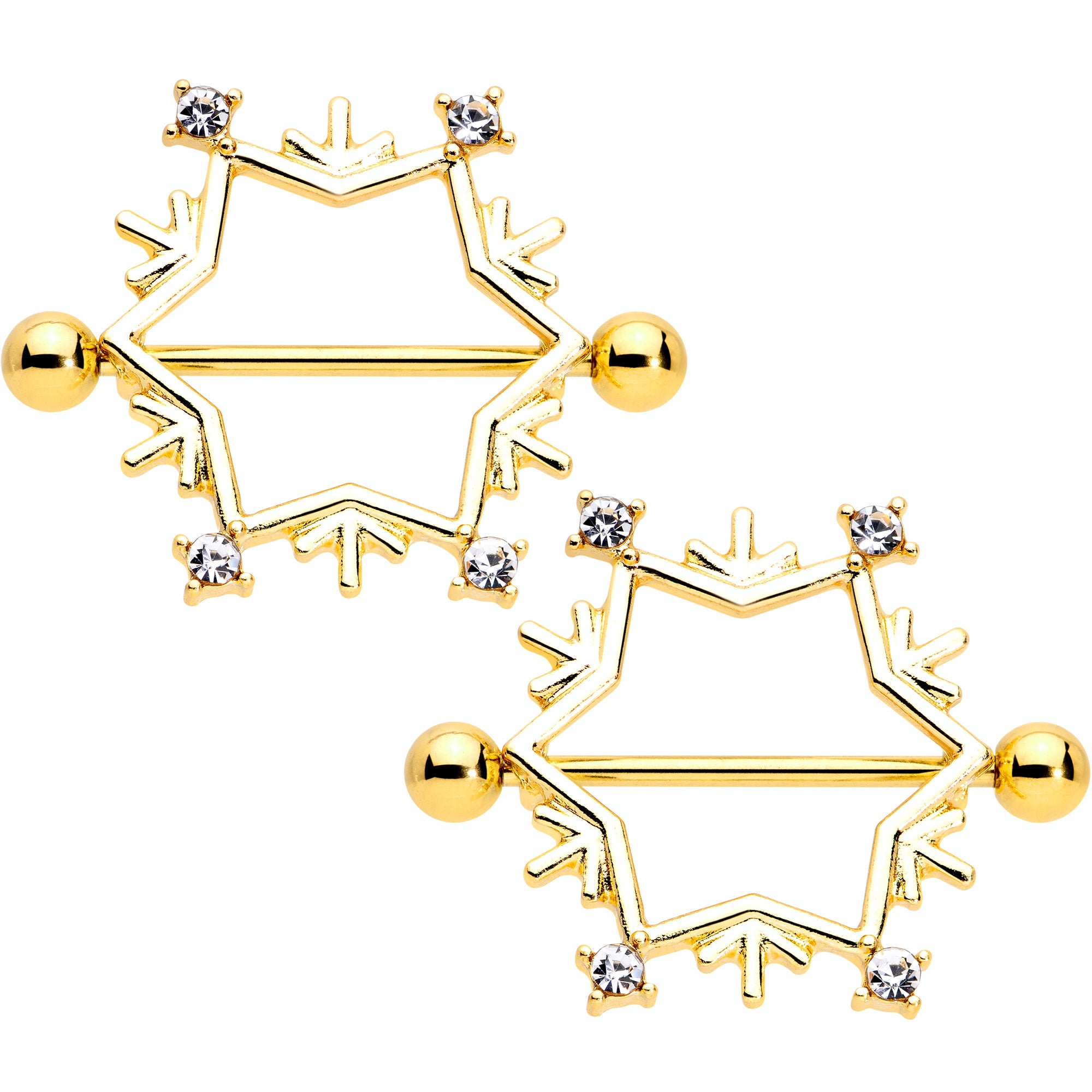14G 3/4 Clear Gem Gold Tone Snowflake Christmas Nipple Shield Set
