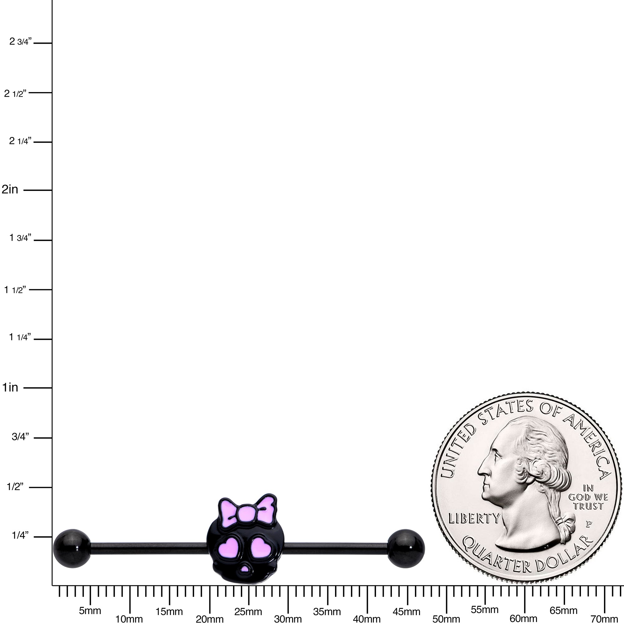 14G Black Heart Bow Black Skull Halloween Industrial Barbell 38mm