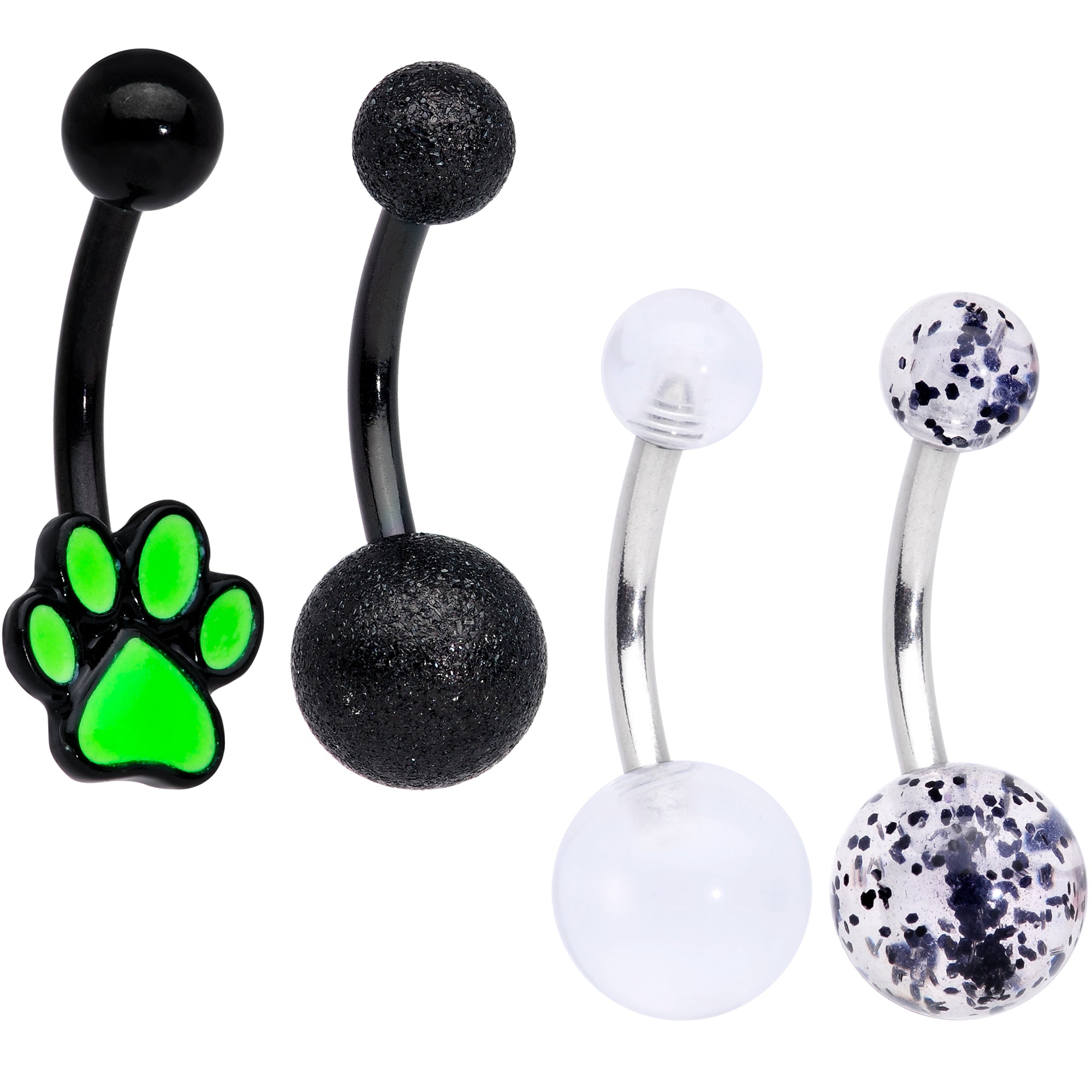Black Clear Glitter Glow UV Glow Paw Belly Ring Set of 4