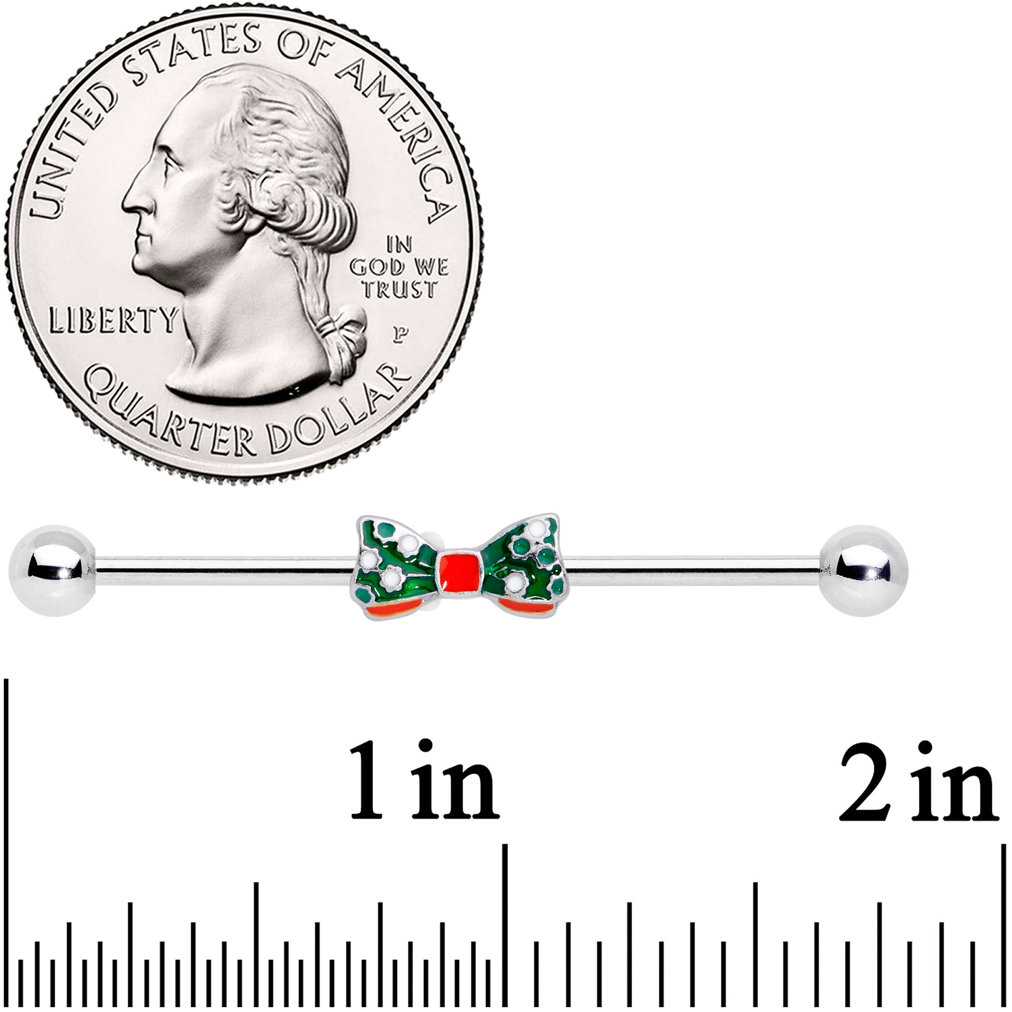 14G Green Red White Bow Christmas Industrial Barbell 38mm