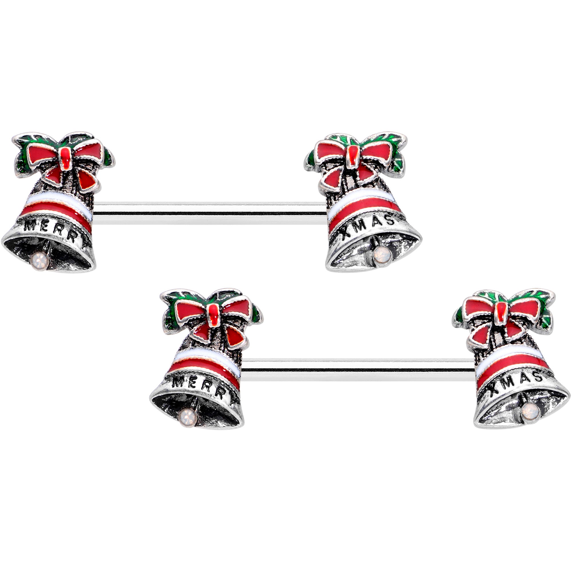 14G 5/8 Red White Green Bell Christmas Barbell Nipple Ring Set
