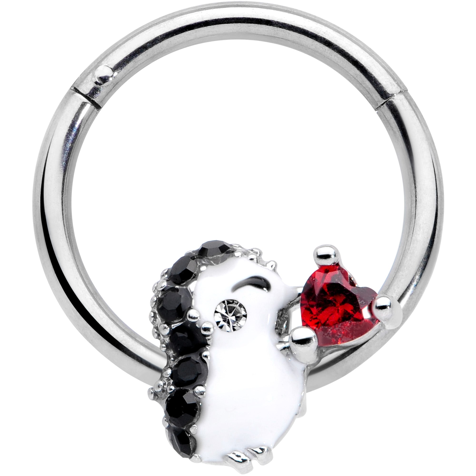 16G 3/8 Red Gem Penguin Heart Valentines Day Hinged Segment Ring