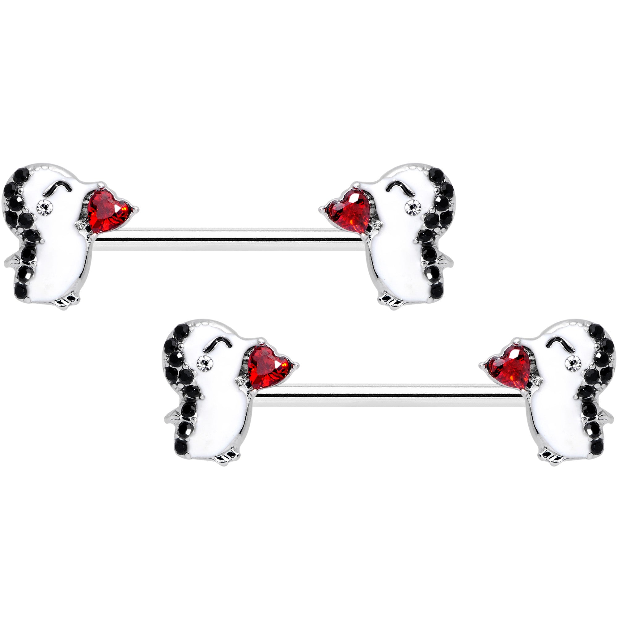 14G 5/8 Red Gem Penguin Heart Valentine Barbell Nipple Ring Set
