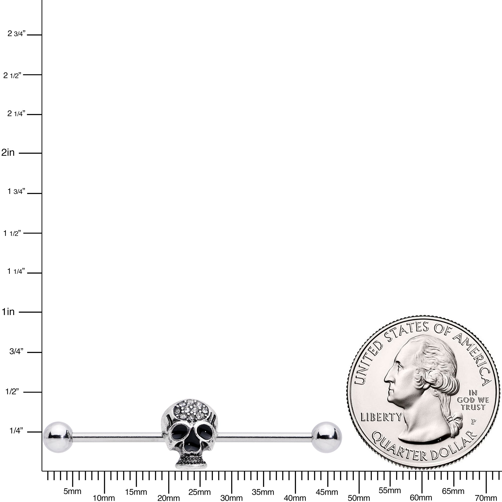 14G Clear Gem Angular Skull Halloween Industrial Barbell 38mm