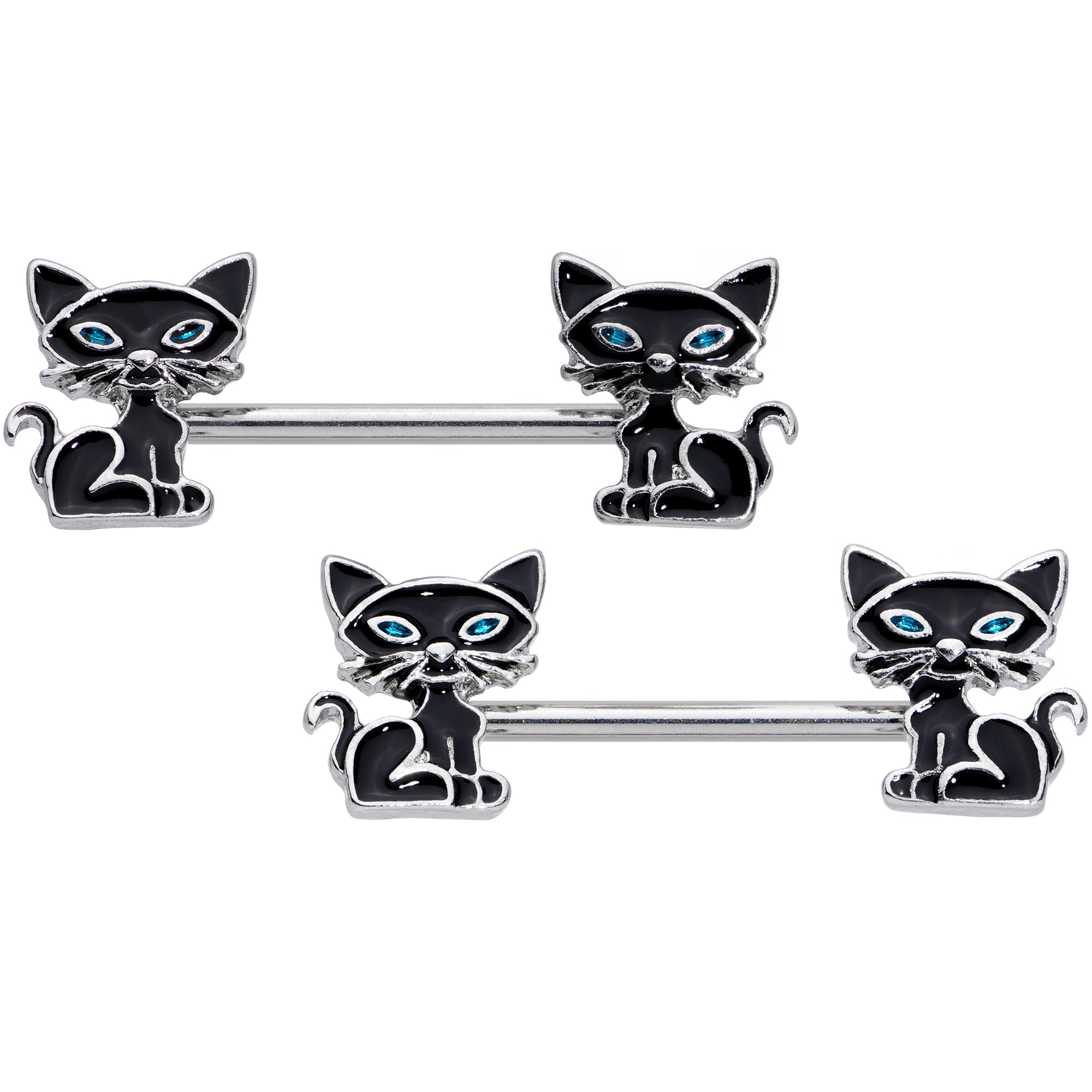 14G 9/16 Blue Eyed Black Cat Barbell Nipple Ring Set