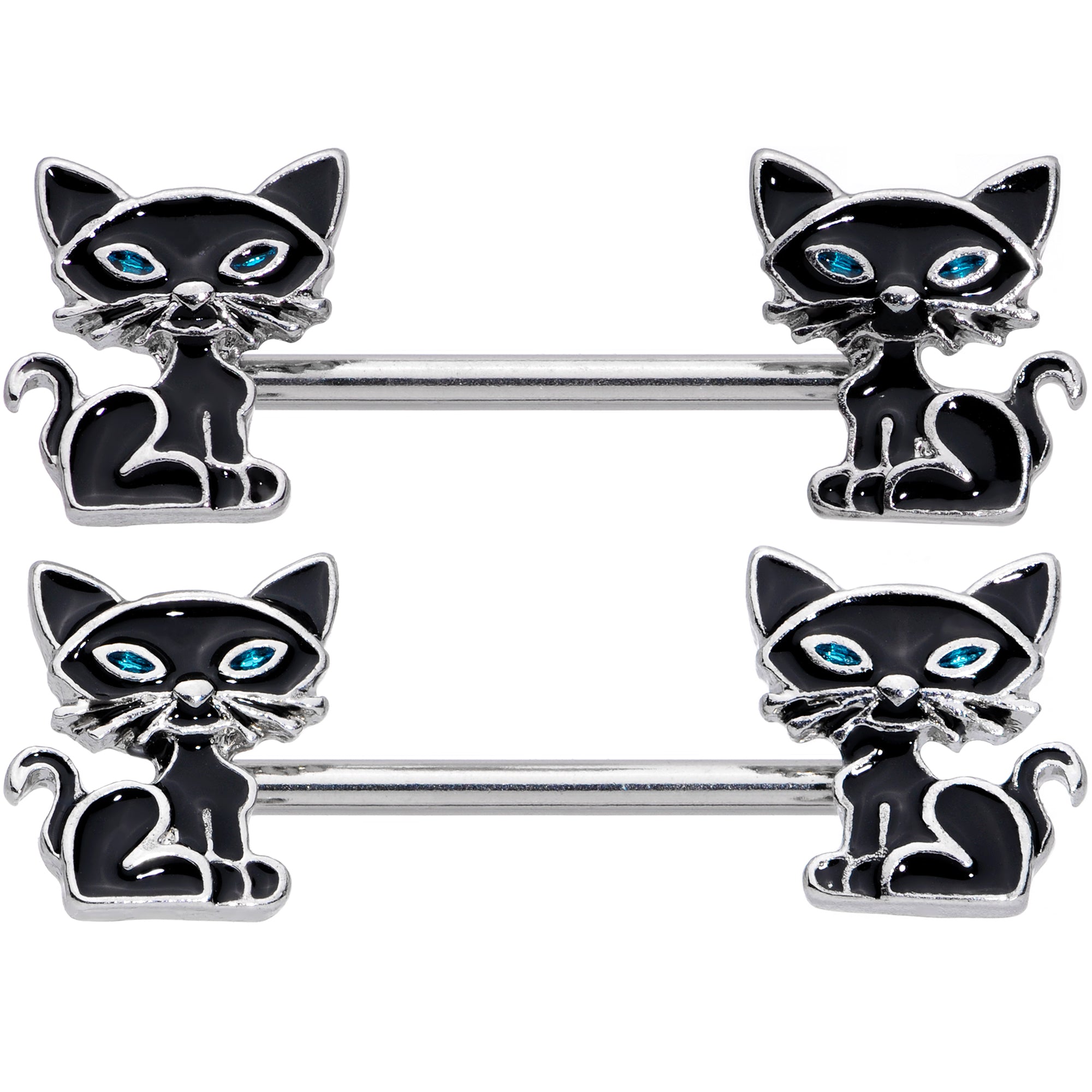 14G 9/16 Blue Eyed Black Cat Barbell Nipple Ring Set