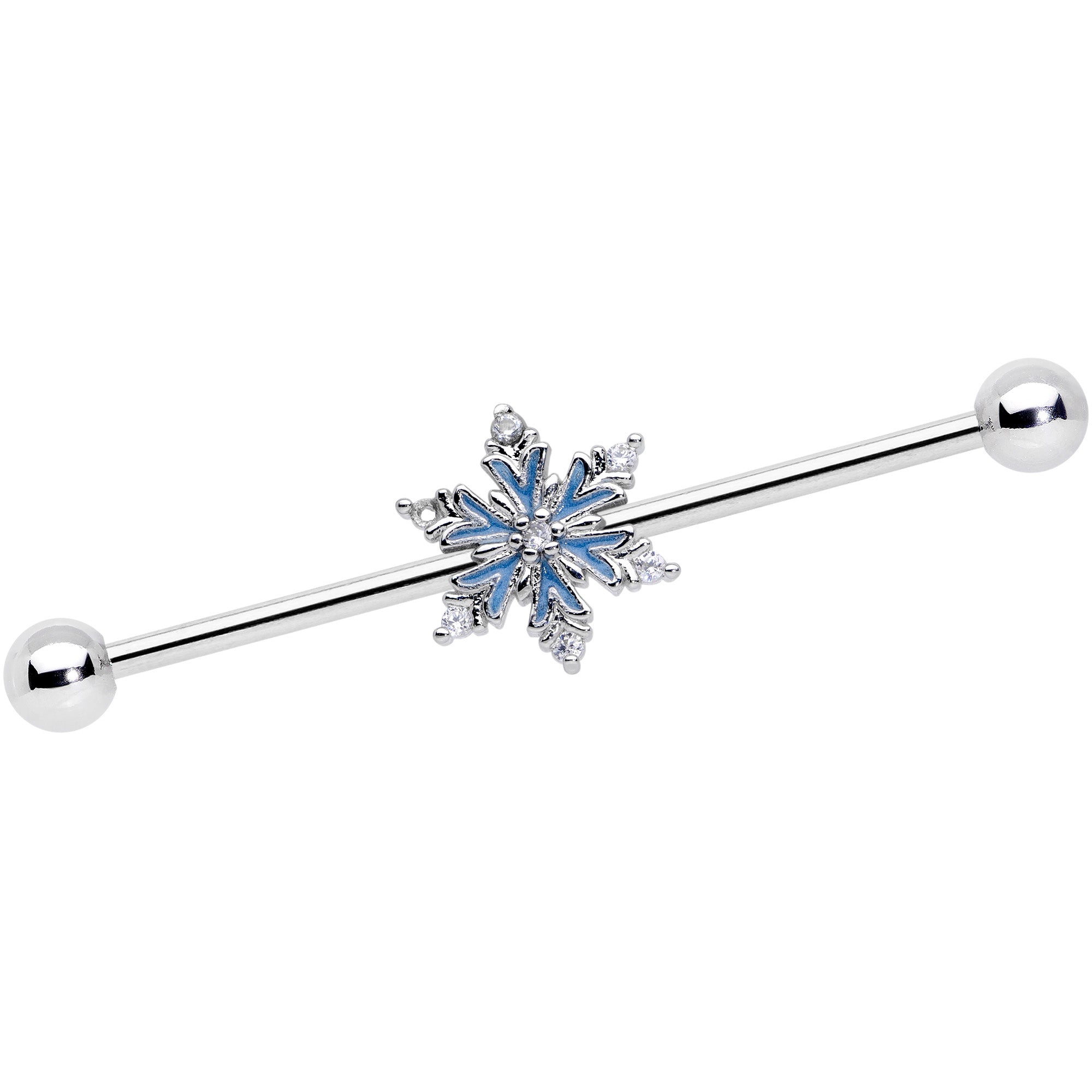 14G Clear CZ Gem Blue Snowflake Christmas Industrial Barbell 38mm