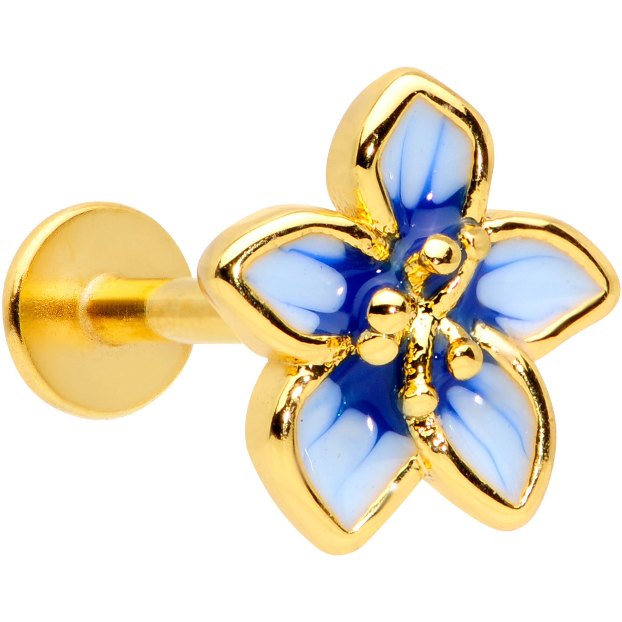 16G 5/16 Gold Tone White Blue Flower Labret Monroe Tragus