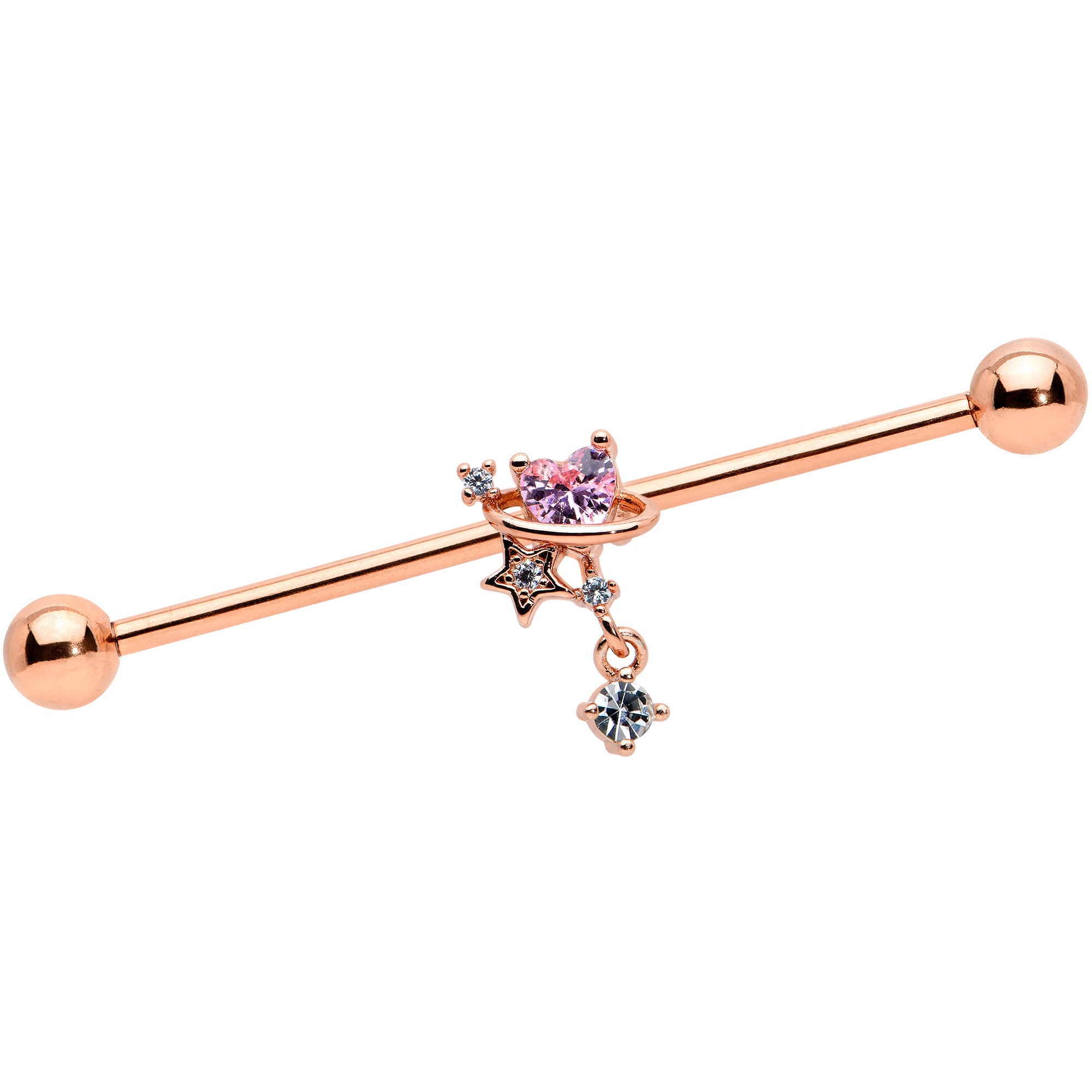 14G Pink Gem Rose Gold Tone Star Dangle Industrial Barbell 38mm