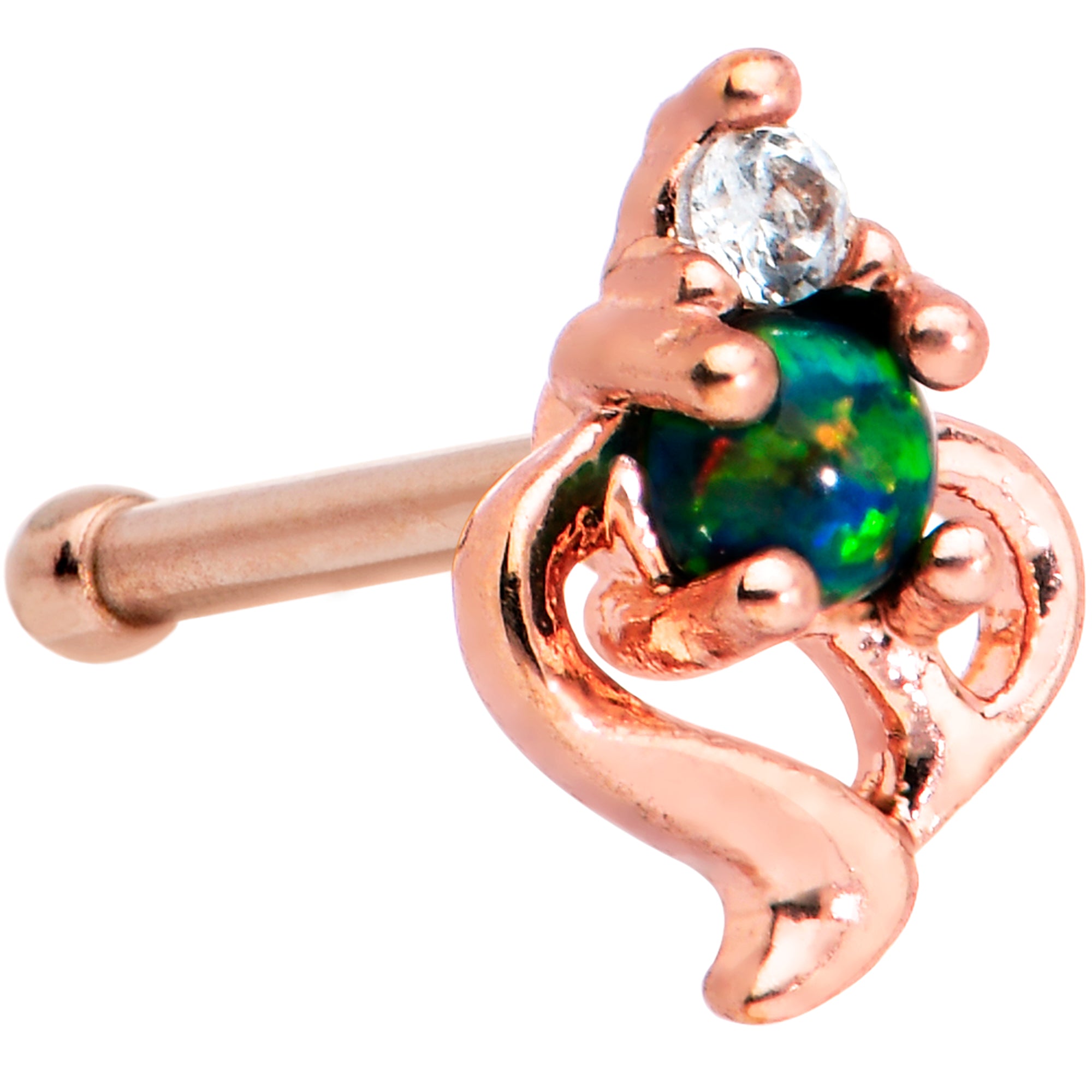 20G 1/4 Green Synthetic Opal Rose Gold Tone Twist Nose Bone