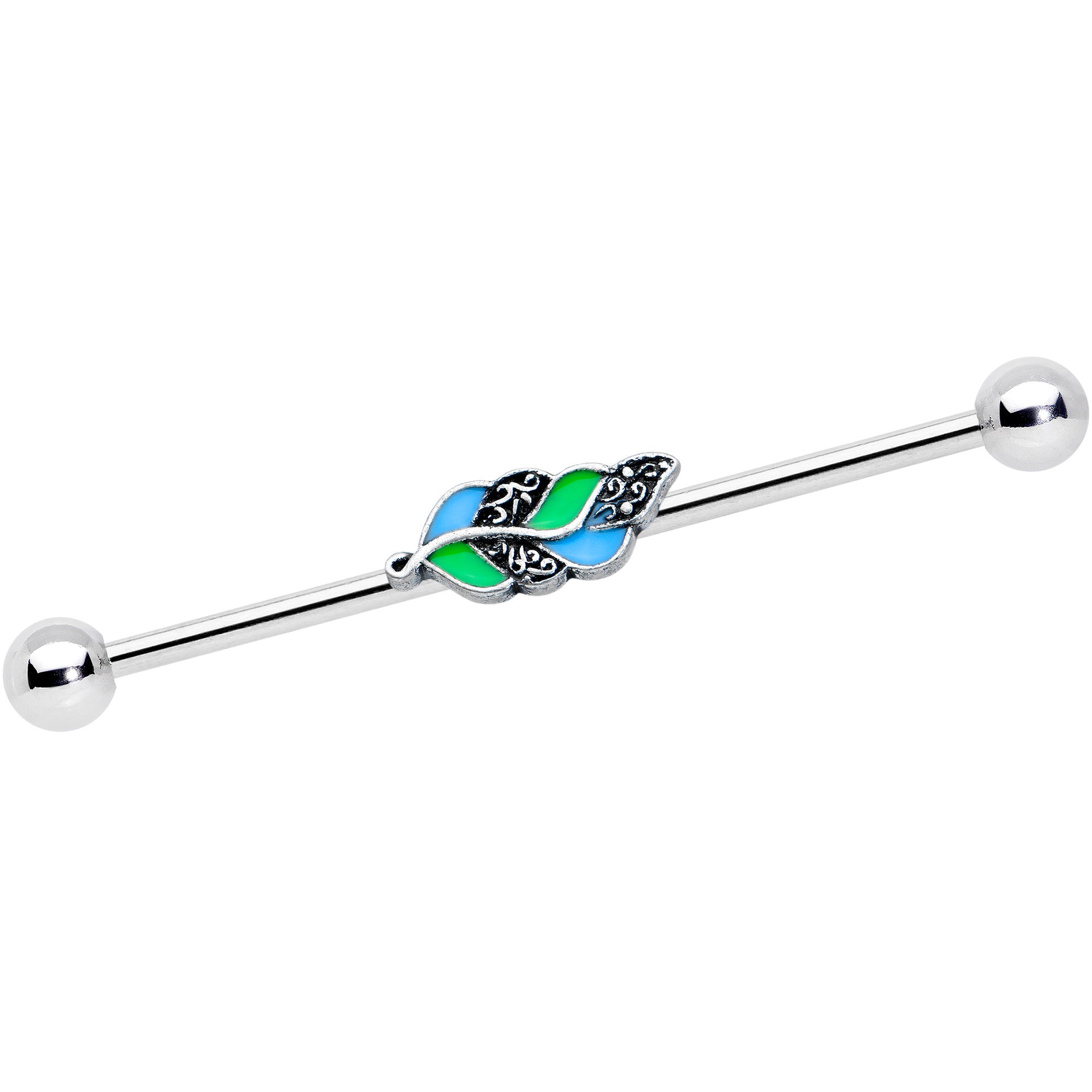 14G Filigree Blue Green Leaves Industrial Barbell 38mm