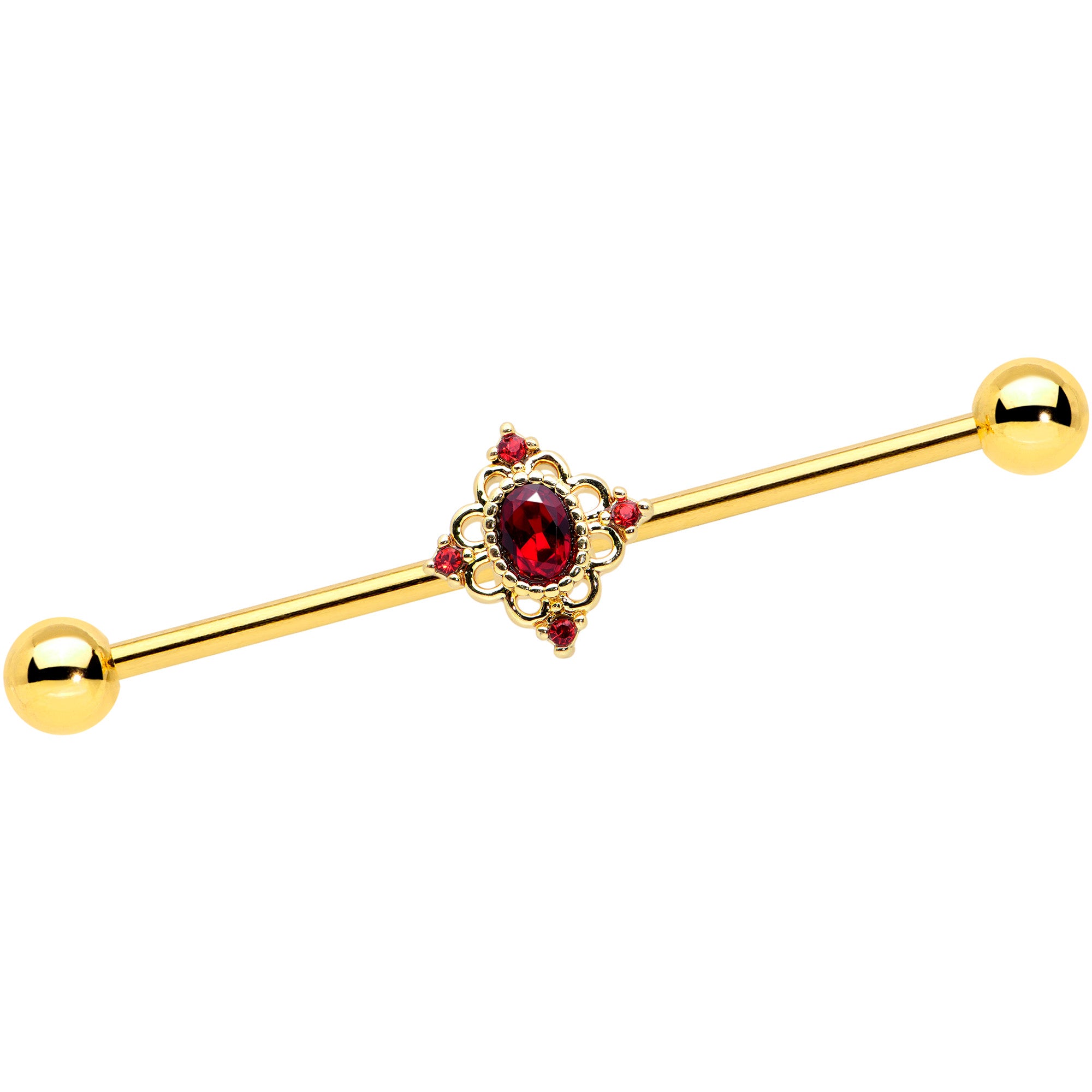 14G Red Gem Gold Tone Rich Regal Rhombus Industrial Barbell 38mm